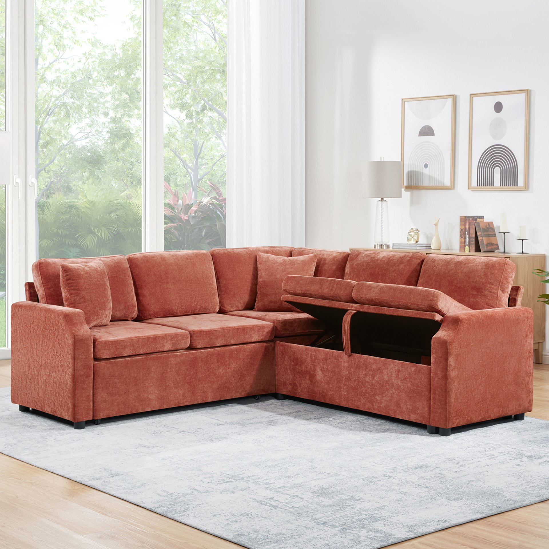 Upholstered L Shaped Sectional Sofa Bed With Sleeper And Hidden Storage - Orange - Image 6