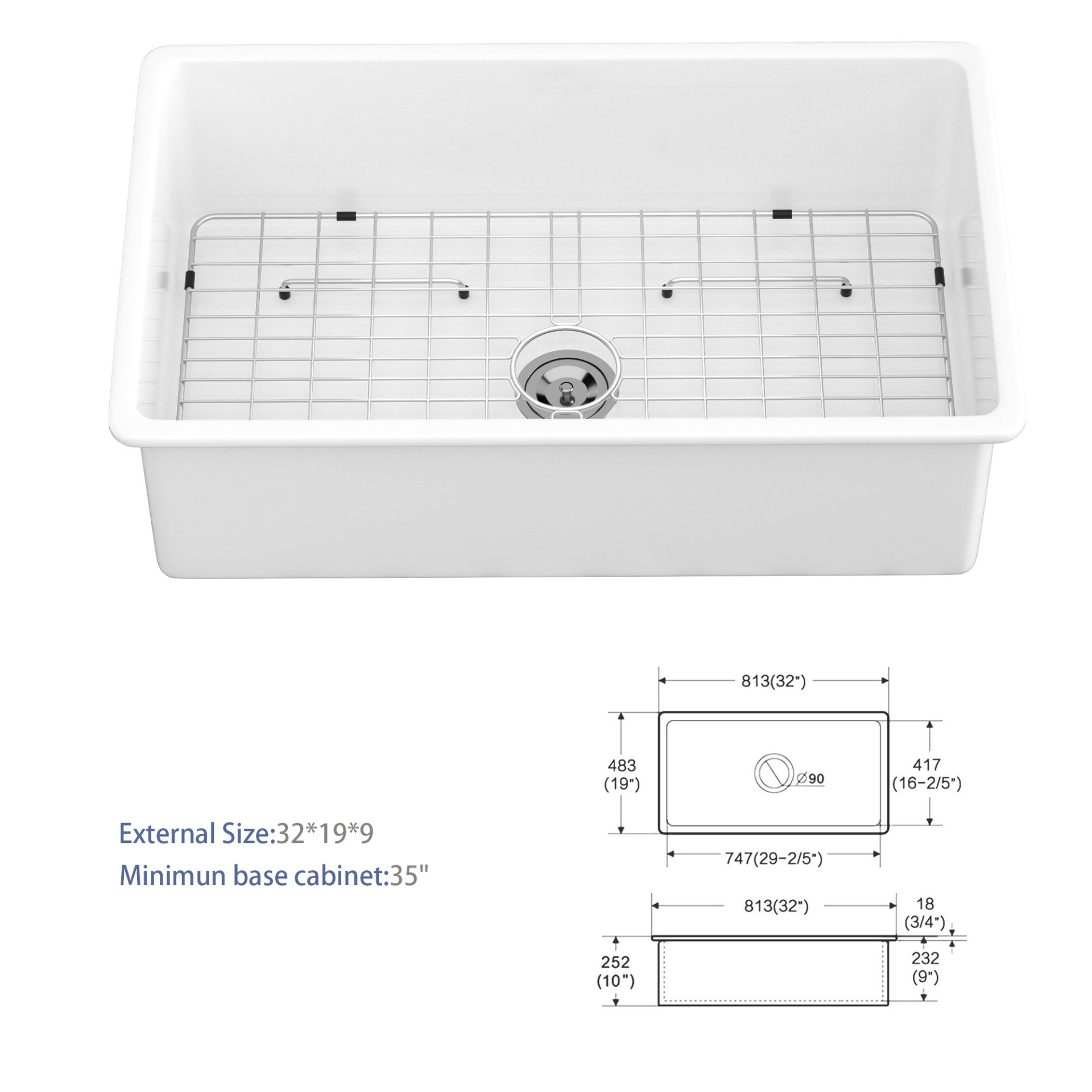 Elegant Ceramic 32" Undermount Single Bowl Kitchen Sink Dual Mount Deep Rectangular Basin - White - Image 12