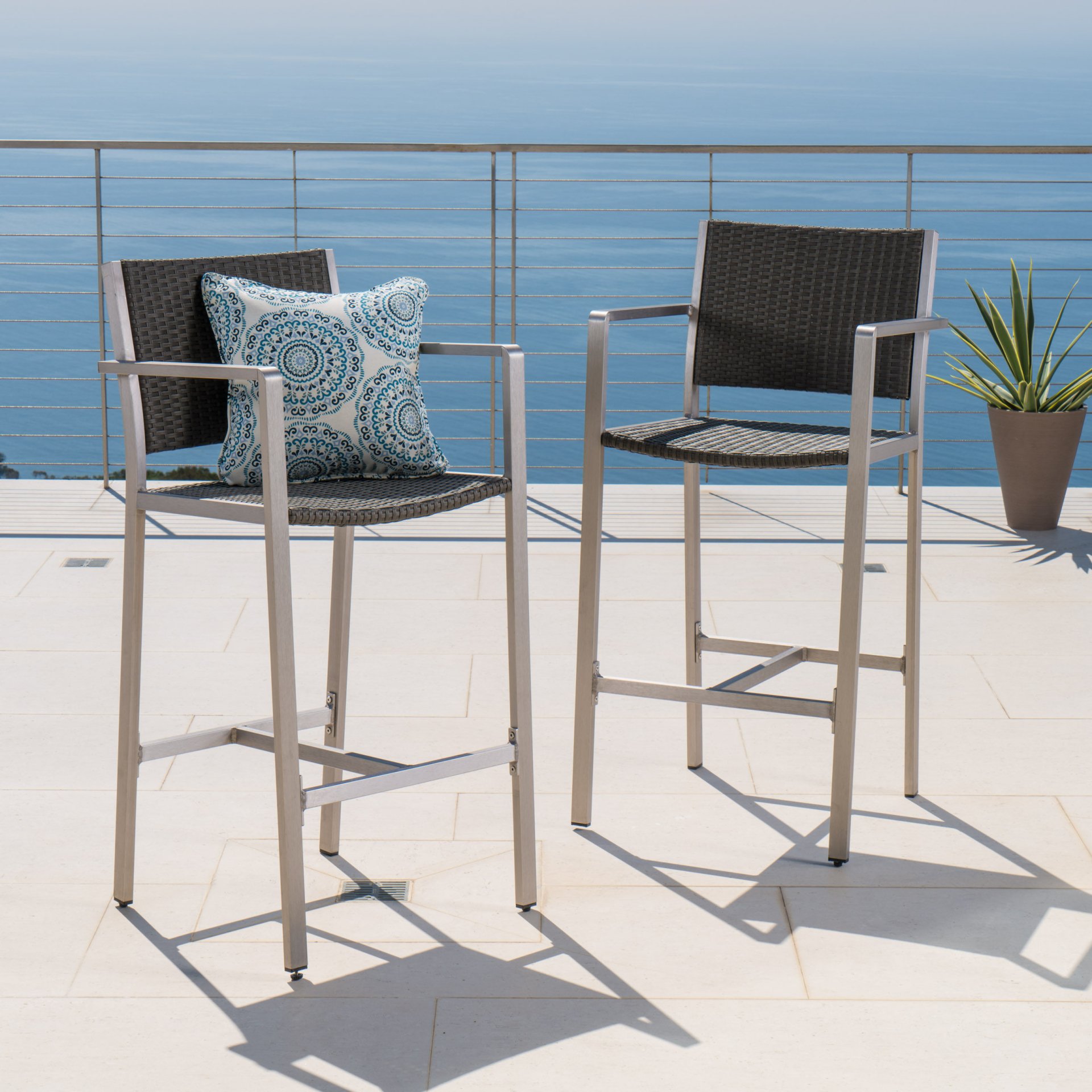 Outdoor Rust Proof Aluminum Barstools With Rattan Seat And Backrest - Silver / Gray - Image 4