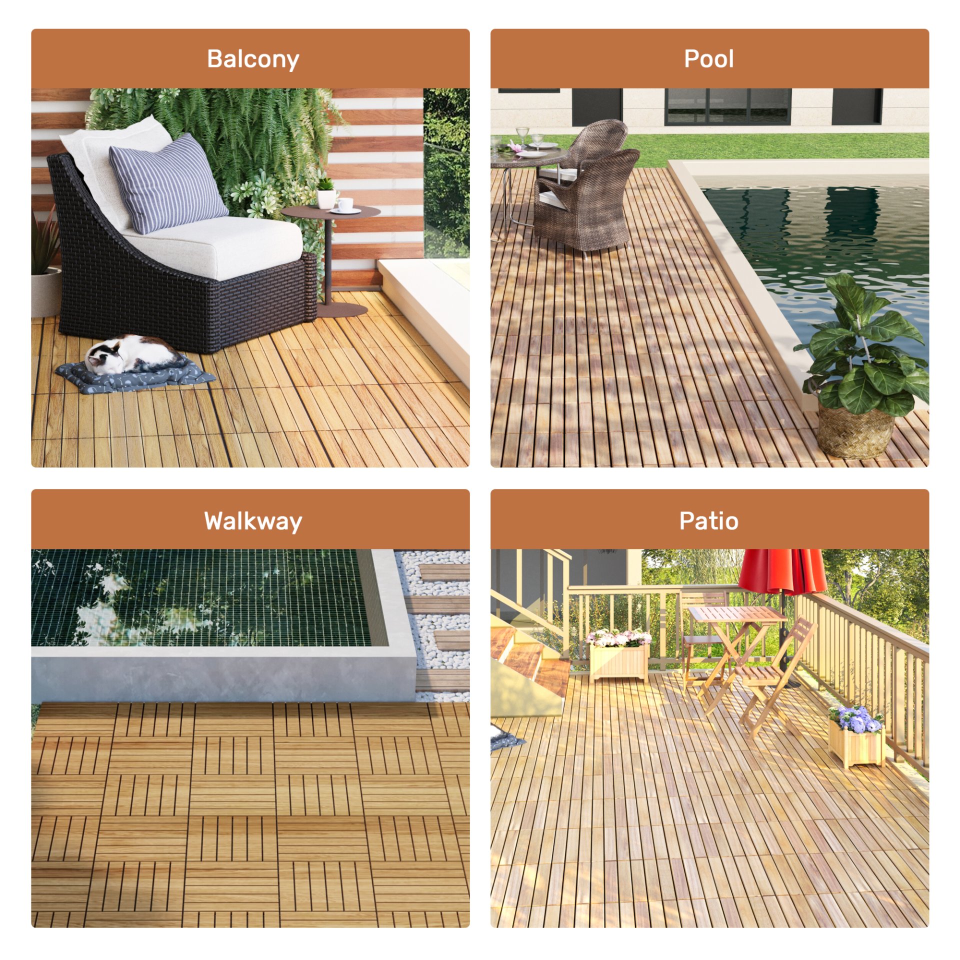 10 Piece Interlocking Deck Tiles Striped Pattern, Square Acacia Hardwood Outdoor Flooring For Patio, Bancony, Pool Side - Yellow - Image 34