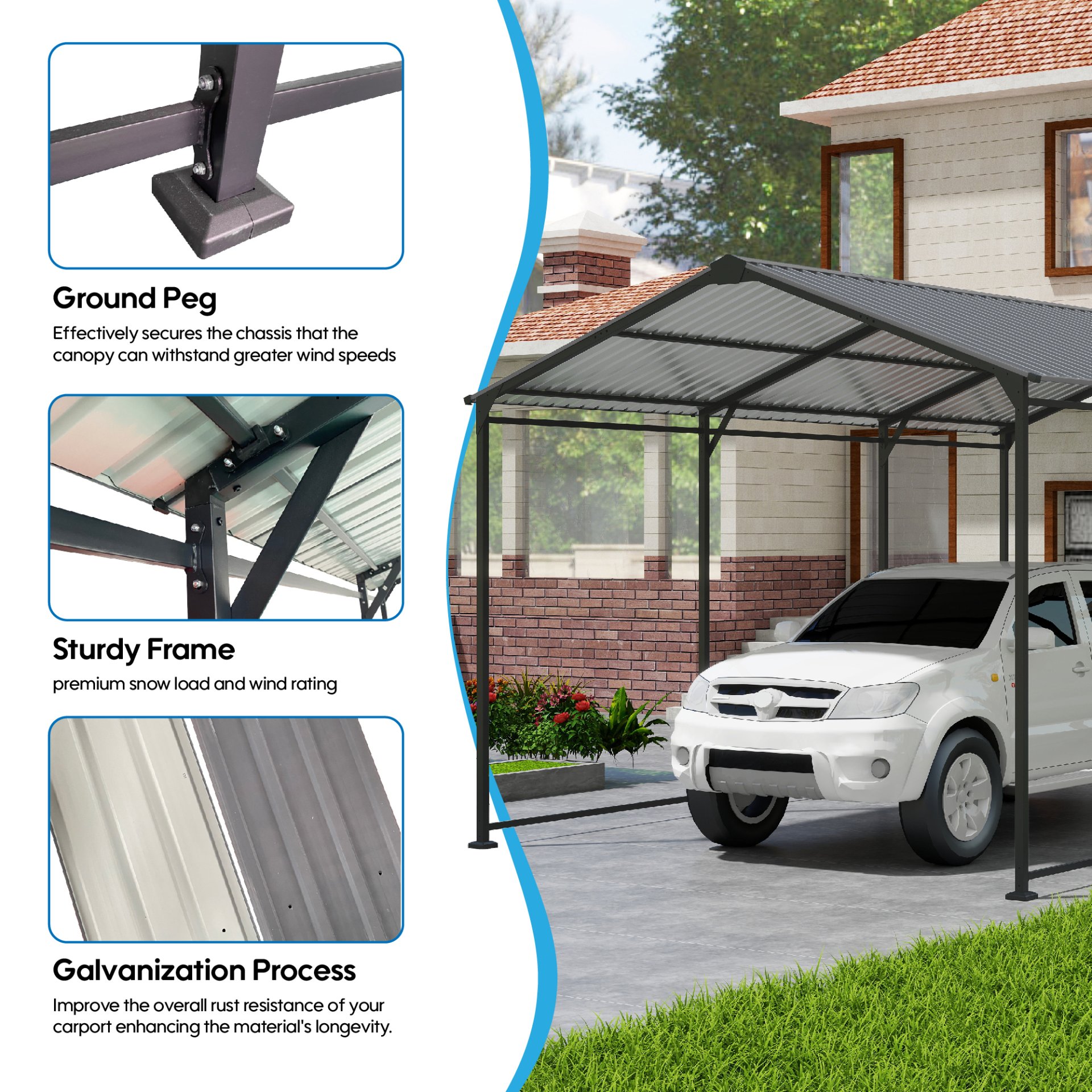 Metal Carport 10 5Ft Heavy Duty With Galvanized Steel Roof Metal Garage Canopy With Galvanized Steel Roof & Frame Car Tent Outdoor Storage Shed - Gray - Image 6
