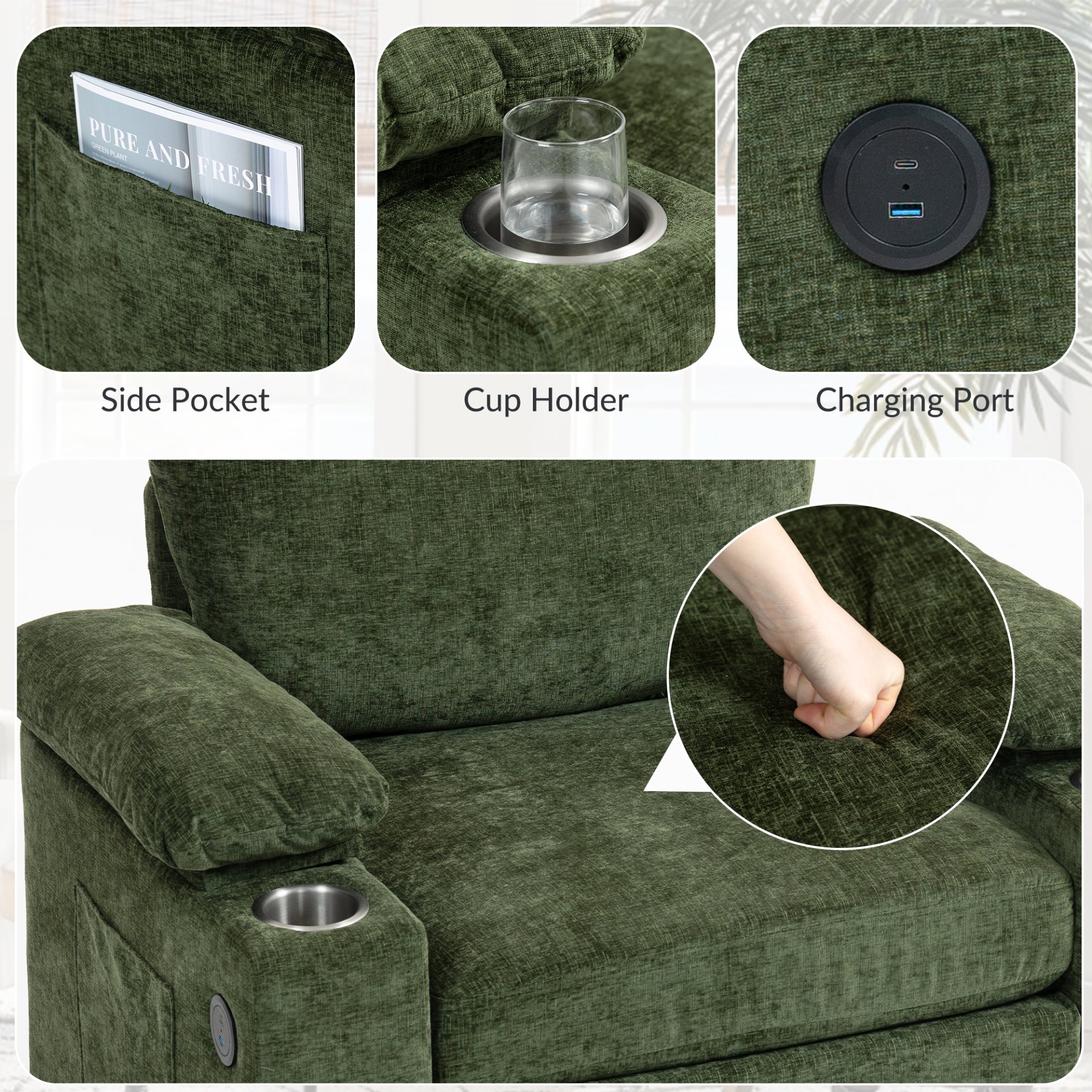 Modern Oversized Chair With Ottoman, Chenille Fabric Sofa Bed, Accent Chair Comfy Sofa With Cupholders And USB Charging Ports Chair For Living Room - Green - Image 8