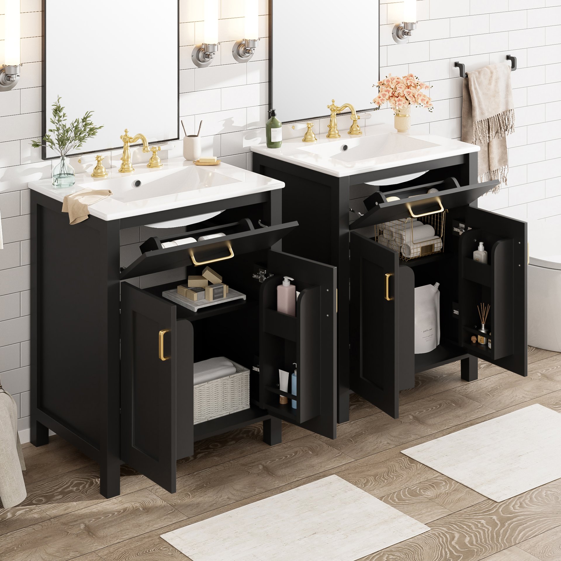 Bathroom Vanity With Sink, Soft Close Doors, Flip Drawer, U Shaped Shelves - Black - Image 6
