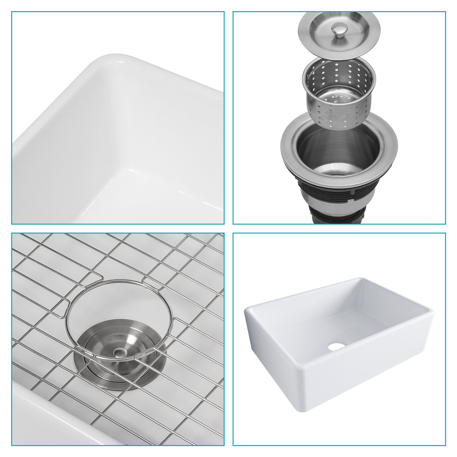 28" Farmhouse Sink Ceramic Single Bowl With Drain Assembly And Bottom Grid - White - Image 7