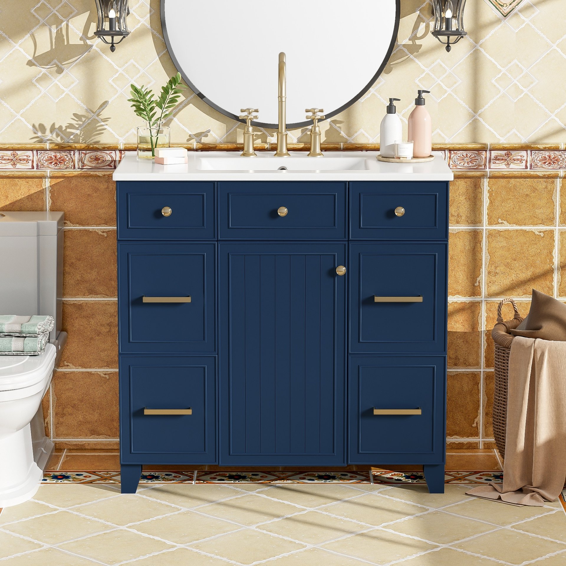 Bathroom Vanity With Sink, Soft Close Doors, Adjustable Shelves - Blue - Image 3