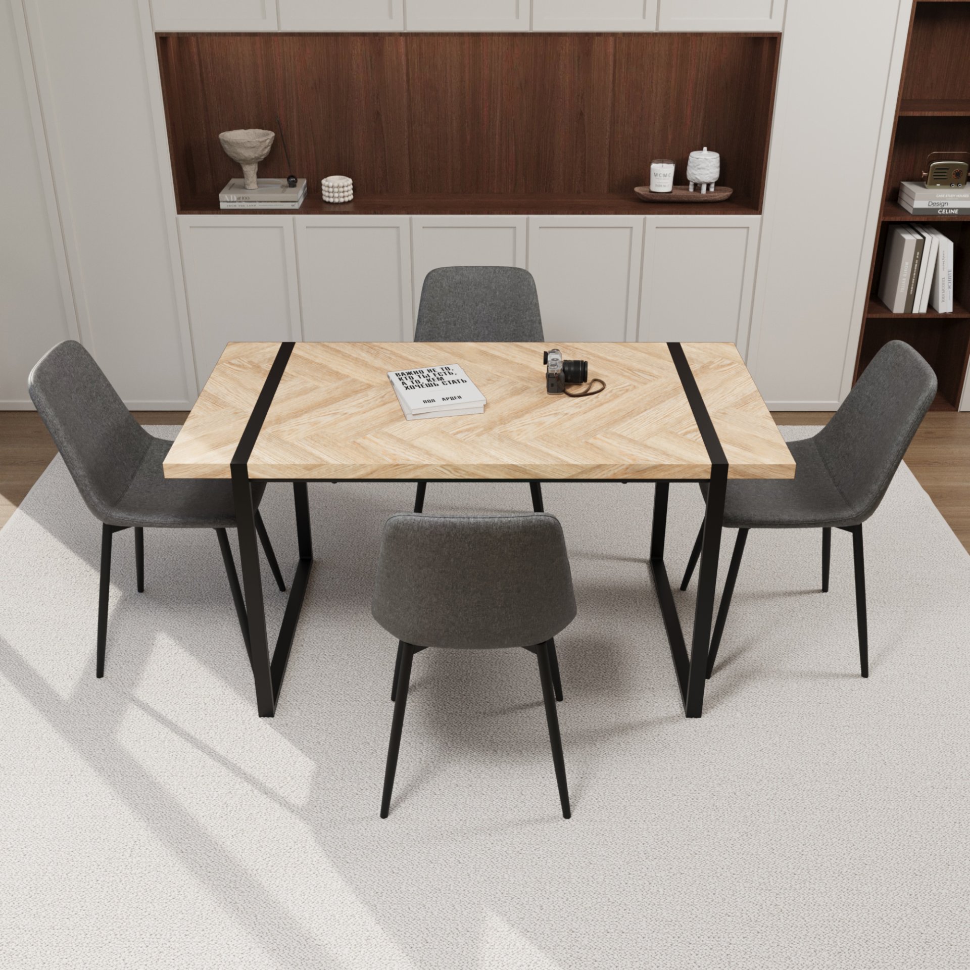 Modern Dining Table Set With Suede Chairs, Rectangular Metal Base, 4 Piece - Gray / Brown - Image 2
