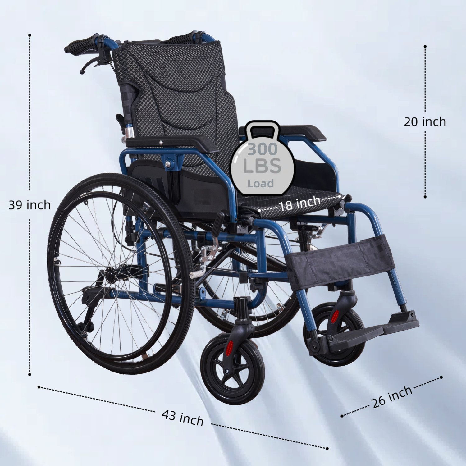 Premium Foldable Transport Wheelchair Frame Double Brakes Adjustable Armrests & Seat Belt Breathable Cushion Anti Backflip 300Lbs Capacity - Black / Blue - Image 3