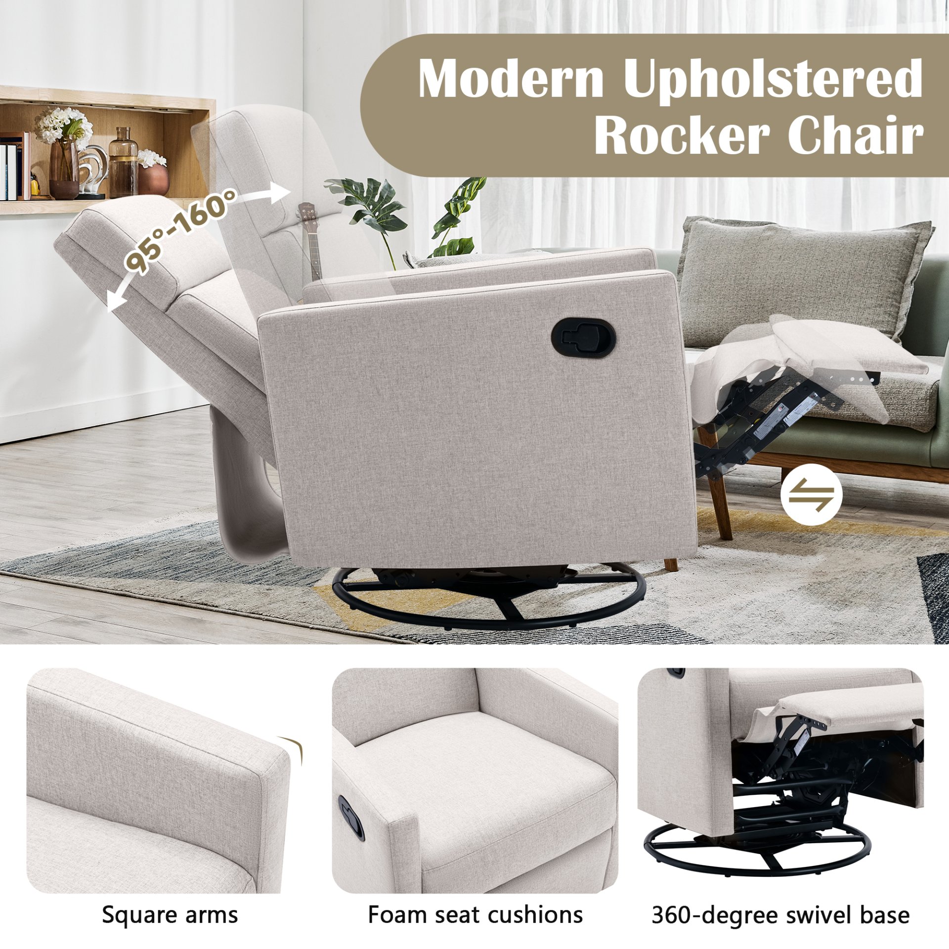 Modern Upholstered Rocker Nursery Chair Plush Seating Glider Swivel Recliner Chair - Tan - Image 5