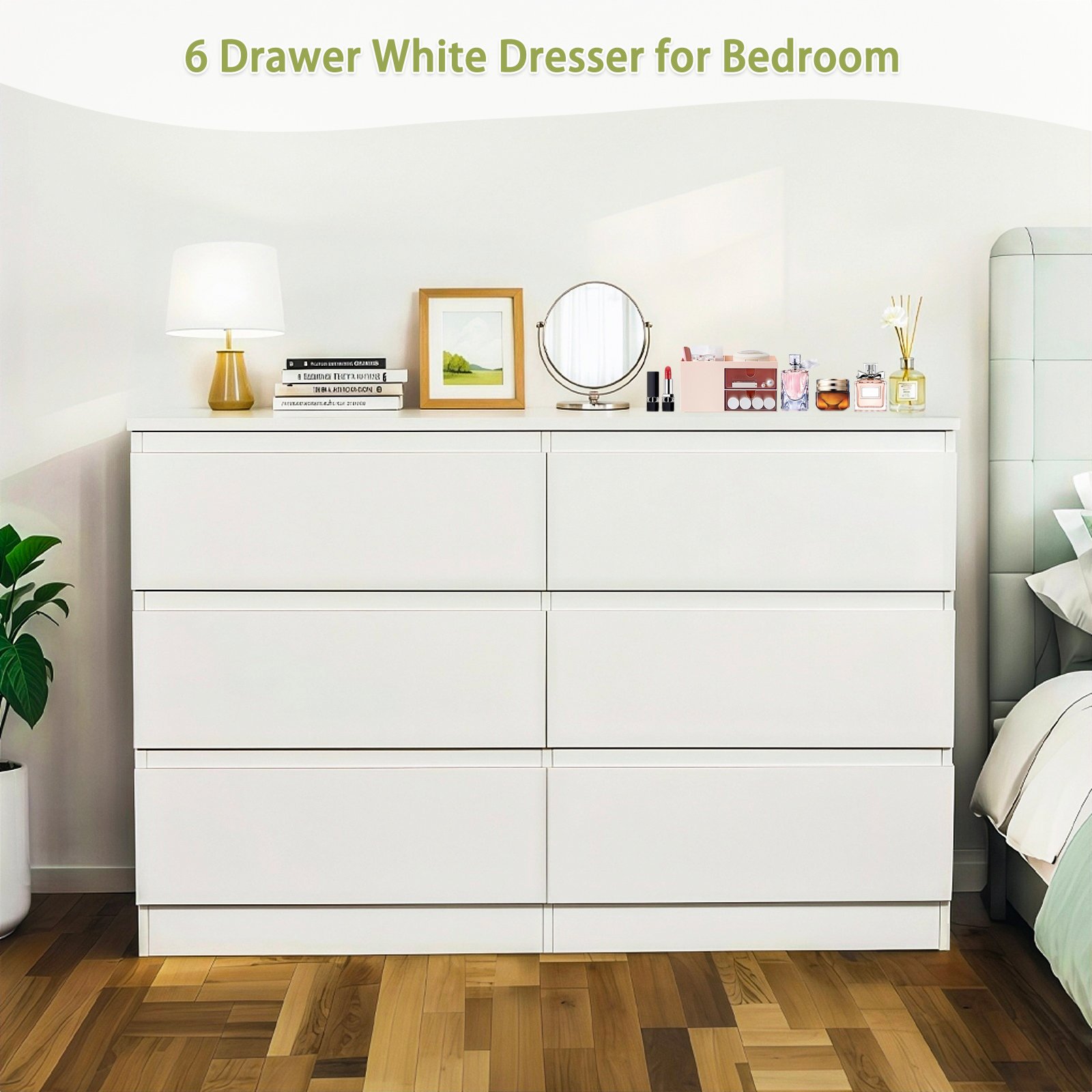 Modern 6 Drawer Dresser With Spacious Countertop And Concealed Handles, Storage Cabinet For Bedroom And Living Room - White - Image 8