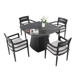5 Piece Outdoor Pedestal Dining Set, Rounded Square Table With Flared Base And 4 Armchairs - Ember Black