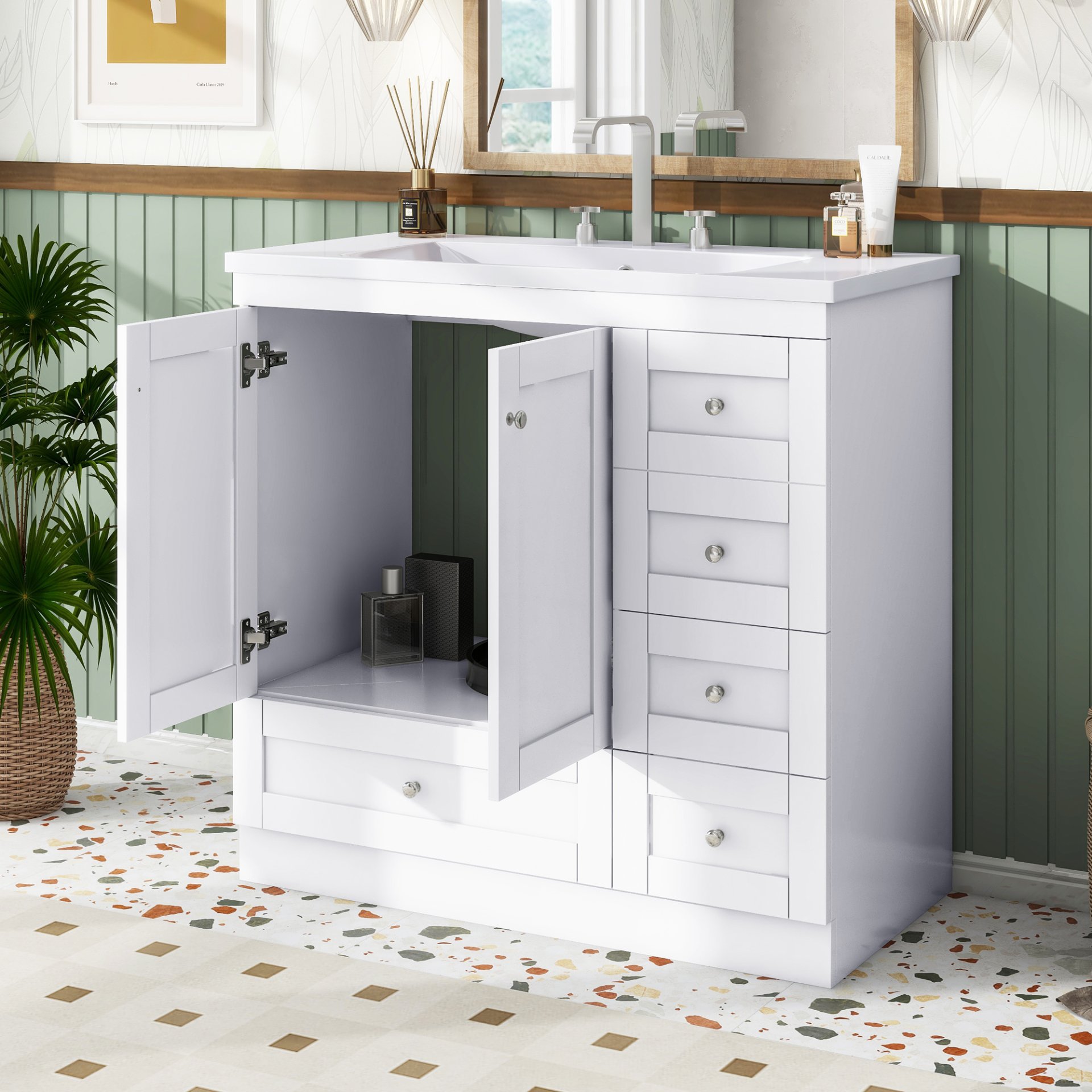 Shaker Style Free Standing Bathroom Vanity Cabinet With Sink, 4 Soft Close Drawers And 2 Soft Close Doors - White - Image 5