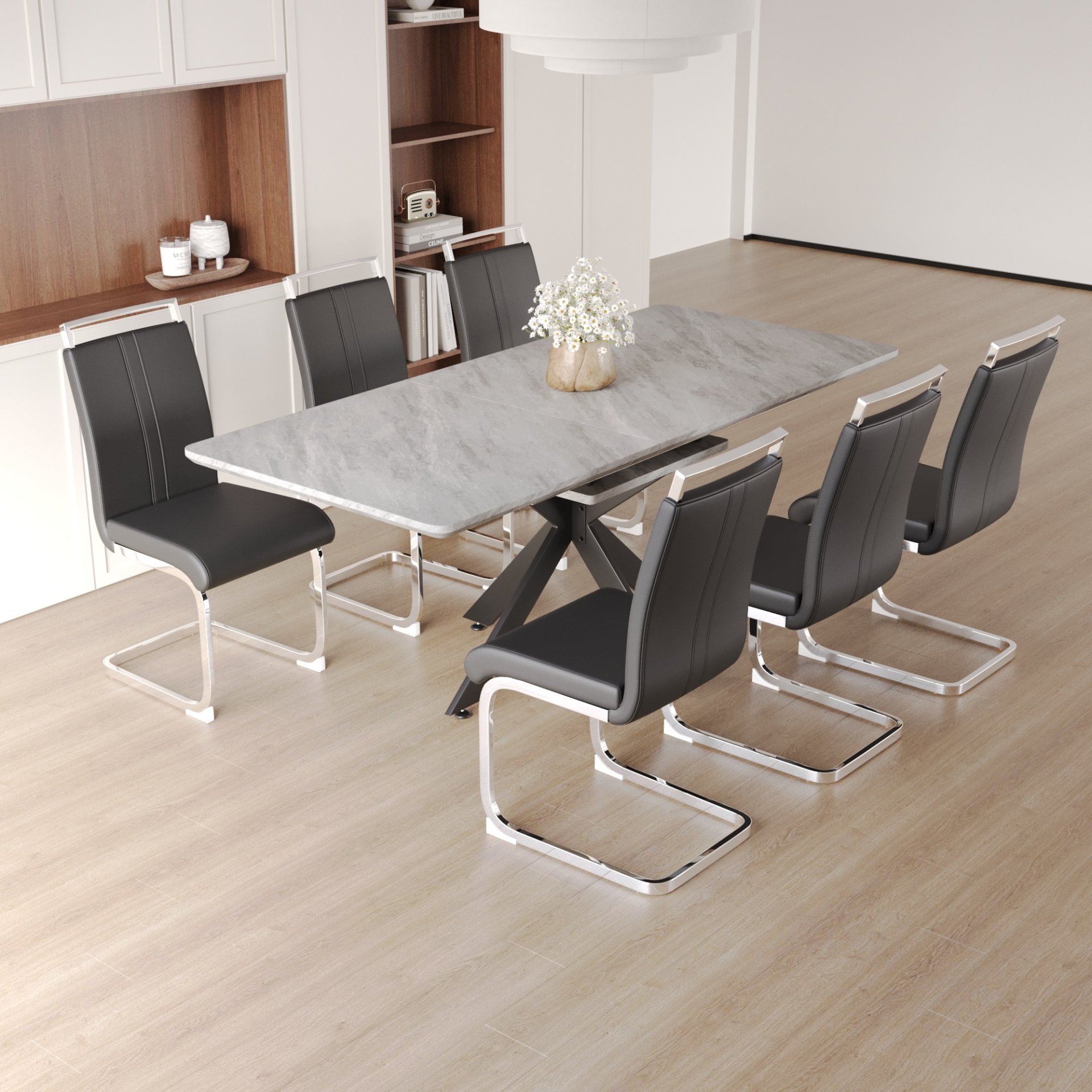 Modern Extendable Dining Table Set For 6 - 8 - Black / Gray - Image 5