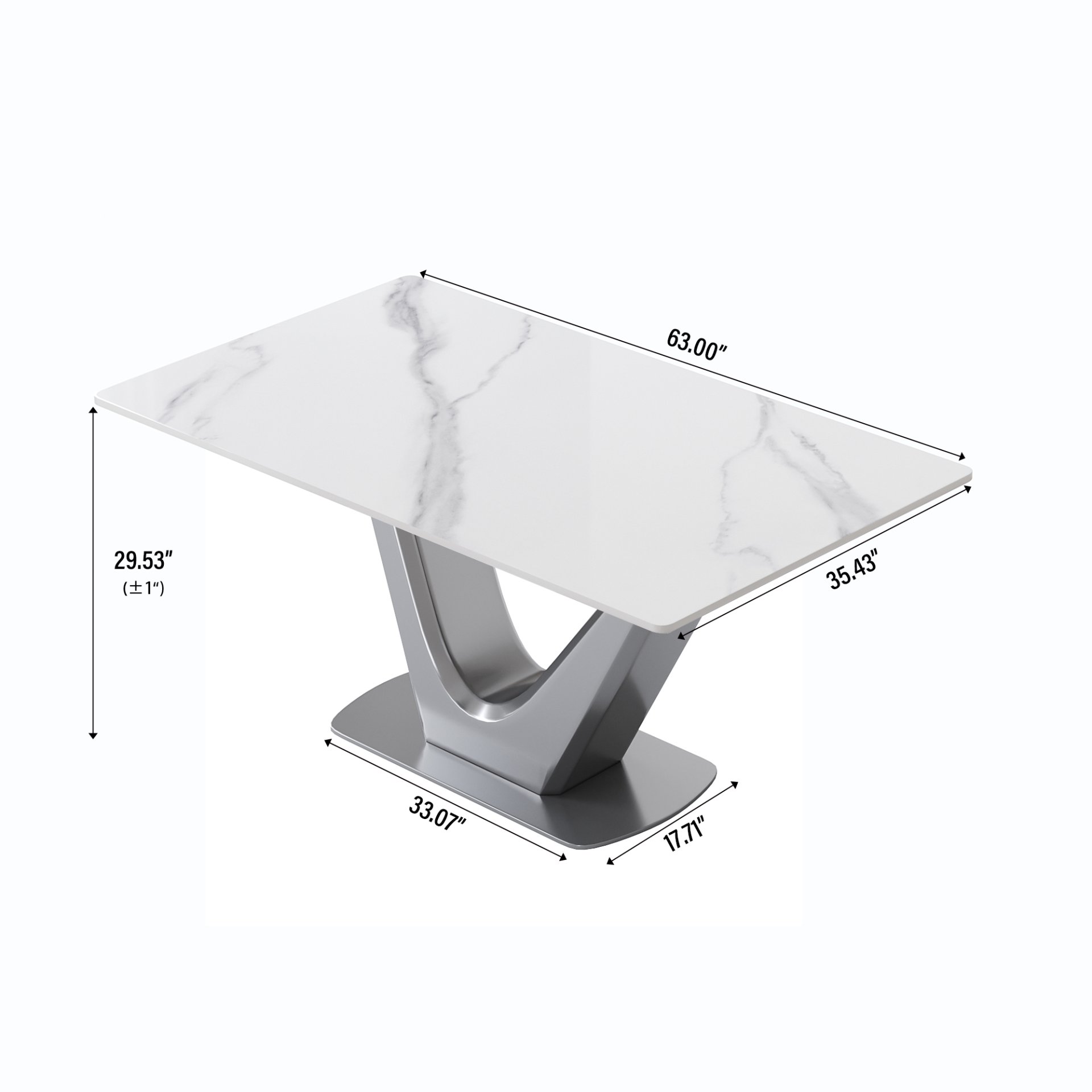 63" Modern Artificial Stone Panel V-Shaped Metal Legs, Can Accommodate 6-8 People - White / Gray - Image 3