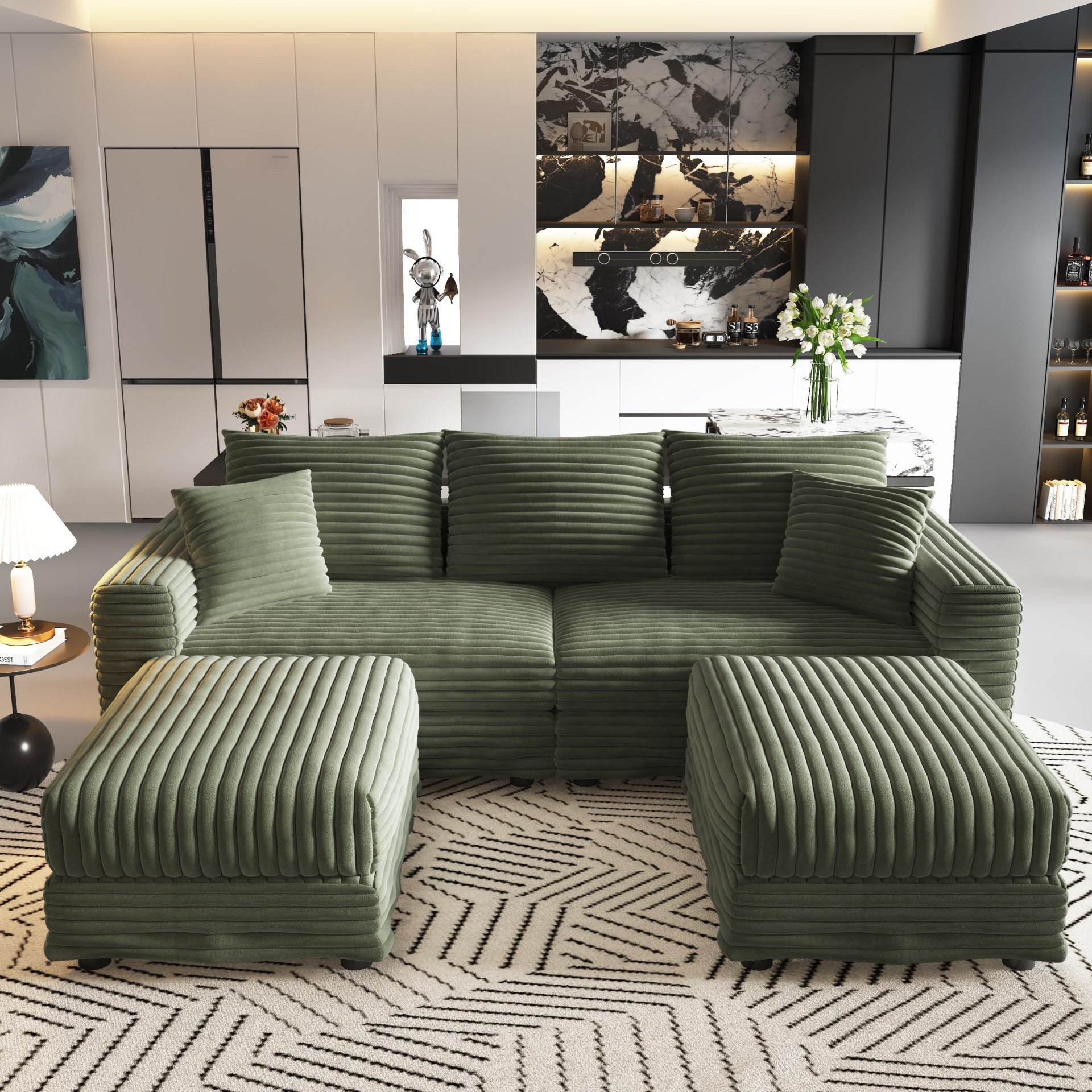 3 Seat Sofa, Deep Seat Couches With Soft Pillows And 2 Ottomans, Convertible Sofa Lounge Chair, For Living Room - Green - Image 13