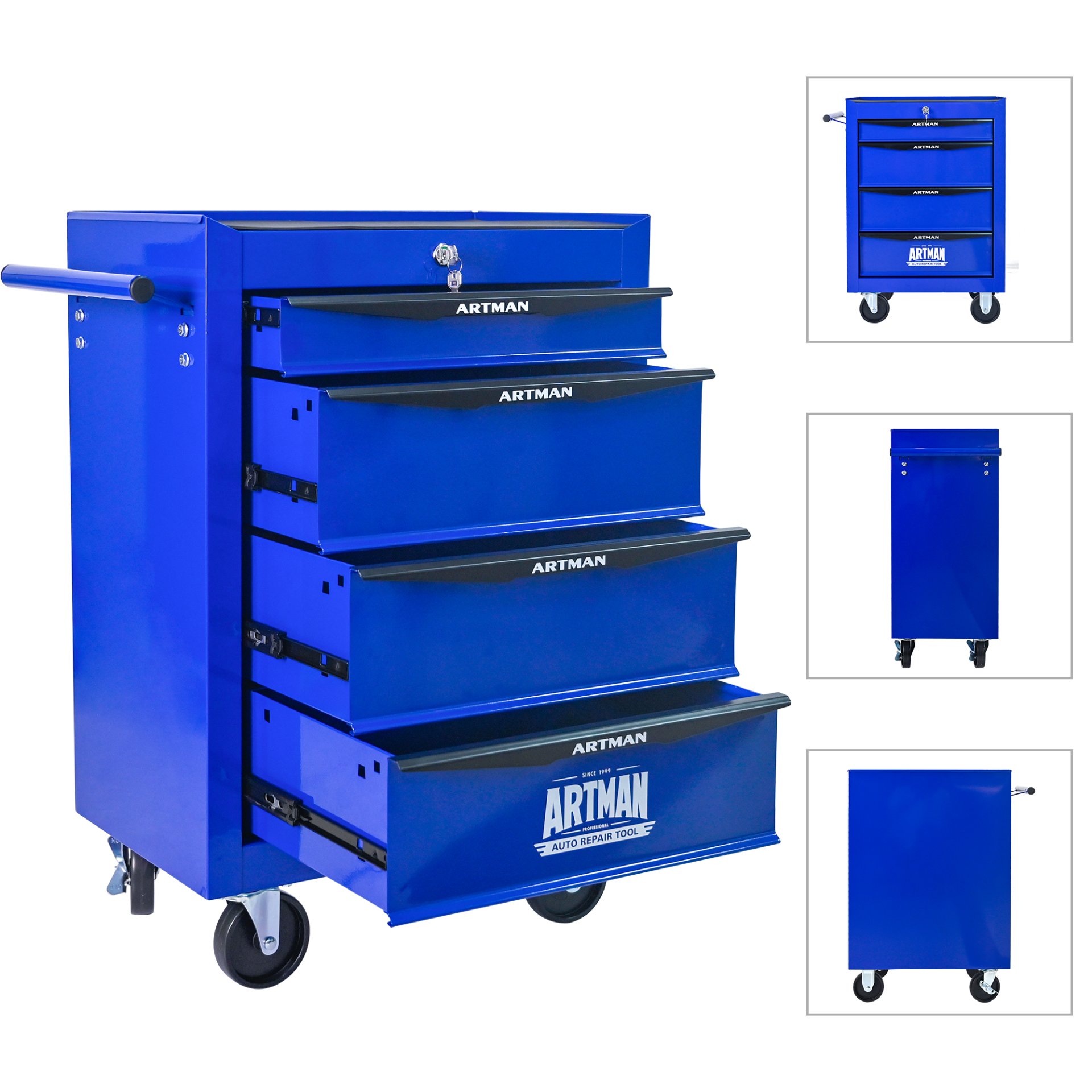 Rolling Metal Tool Chest With 4 Drawers, 20" Steel Storage Cabinet With Ball Bearing Slides - Black / Blue - Image 6