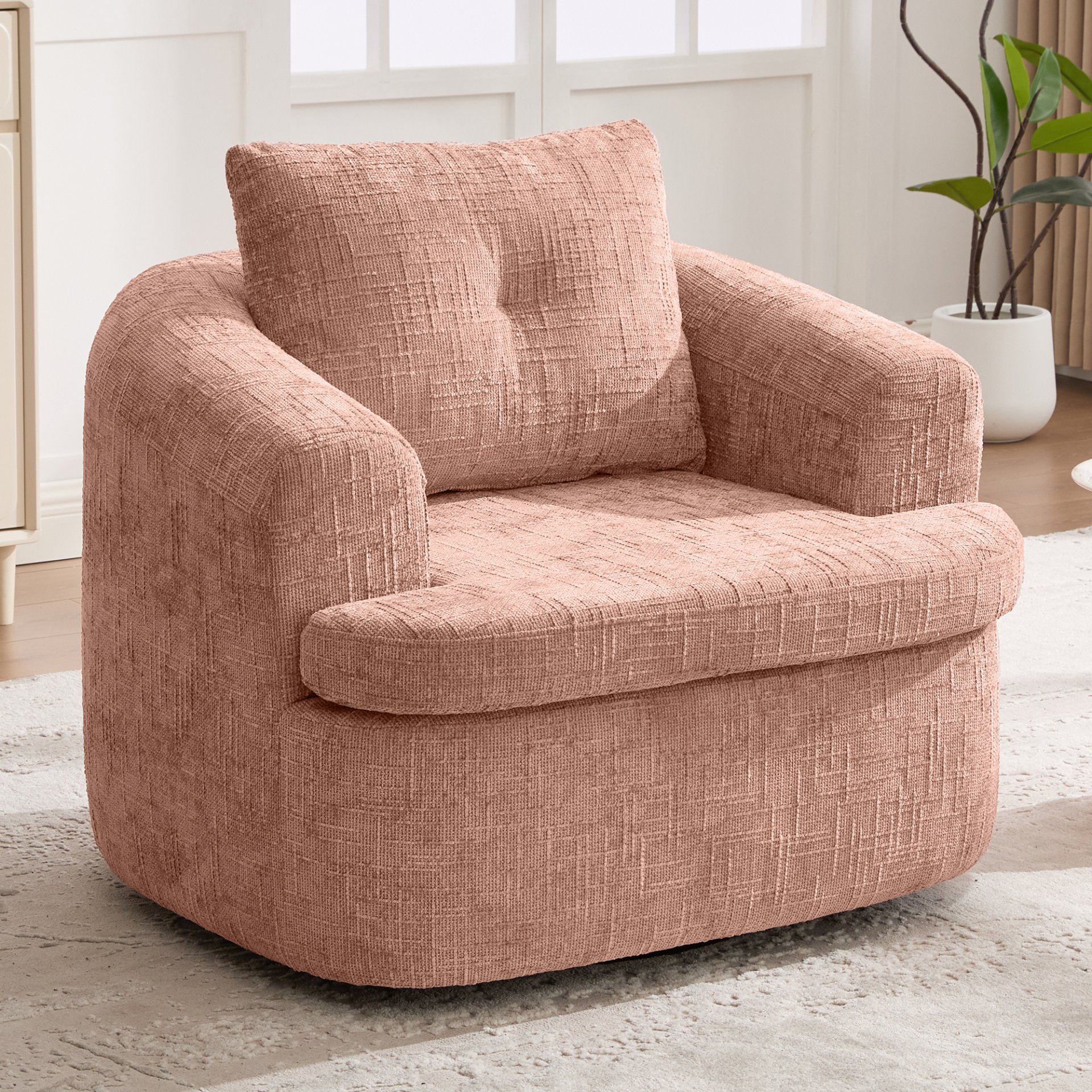 360° Swivel Accent Barrel Chair With Dual Layer Cushion, Round Seating For Living Room - Pink - Image 4
