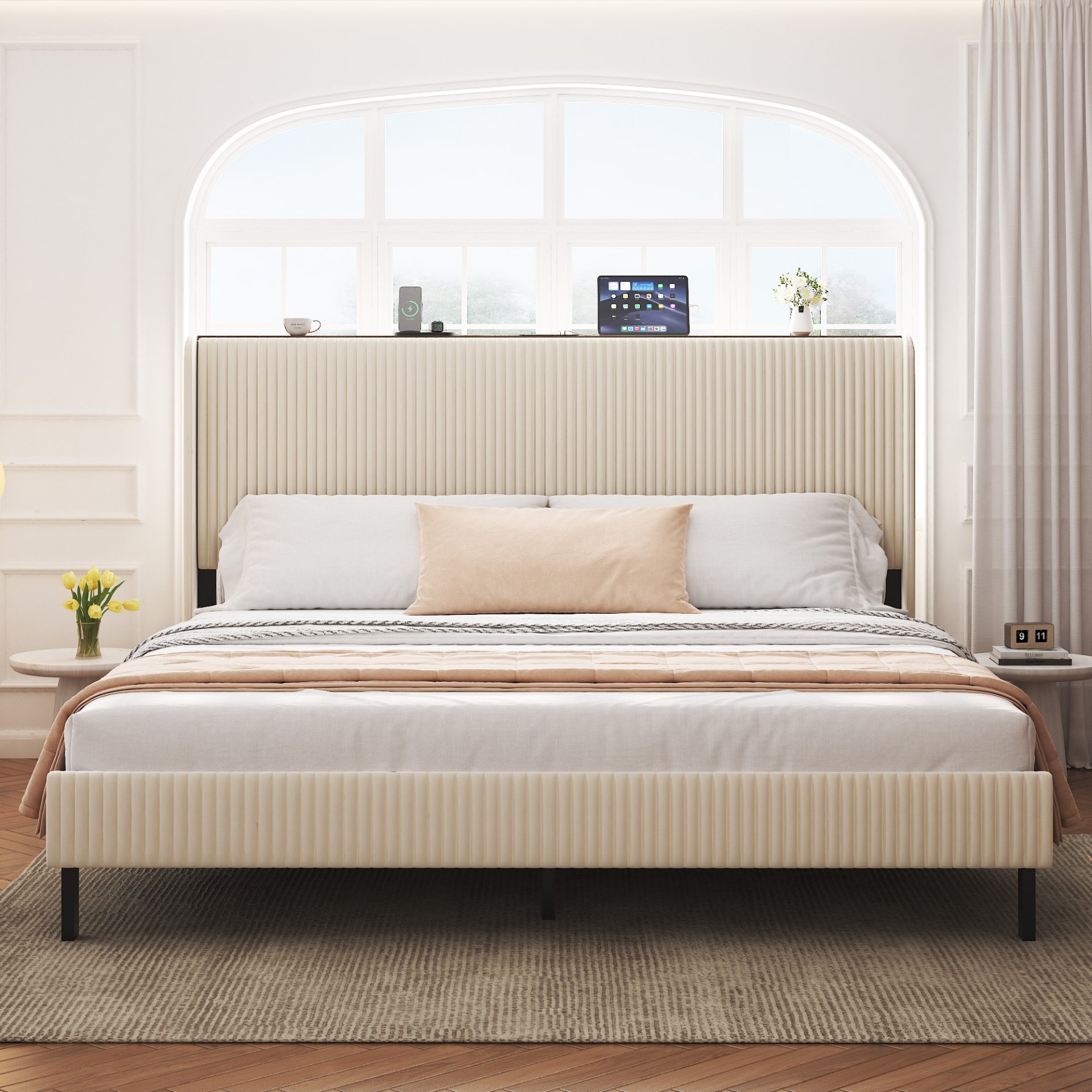 King Size Platform Bed, Metal Frame With Charging Station - Beige - Image 9