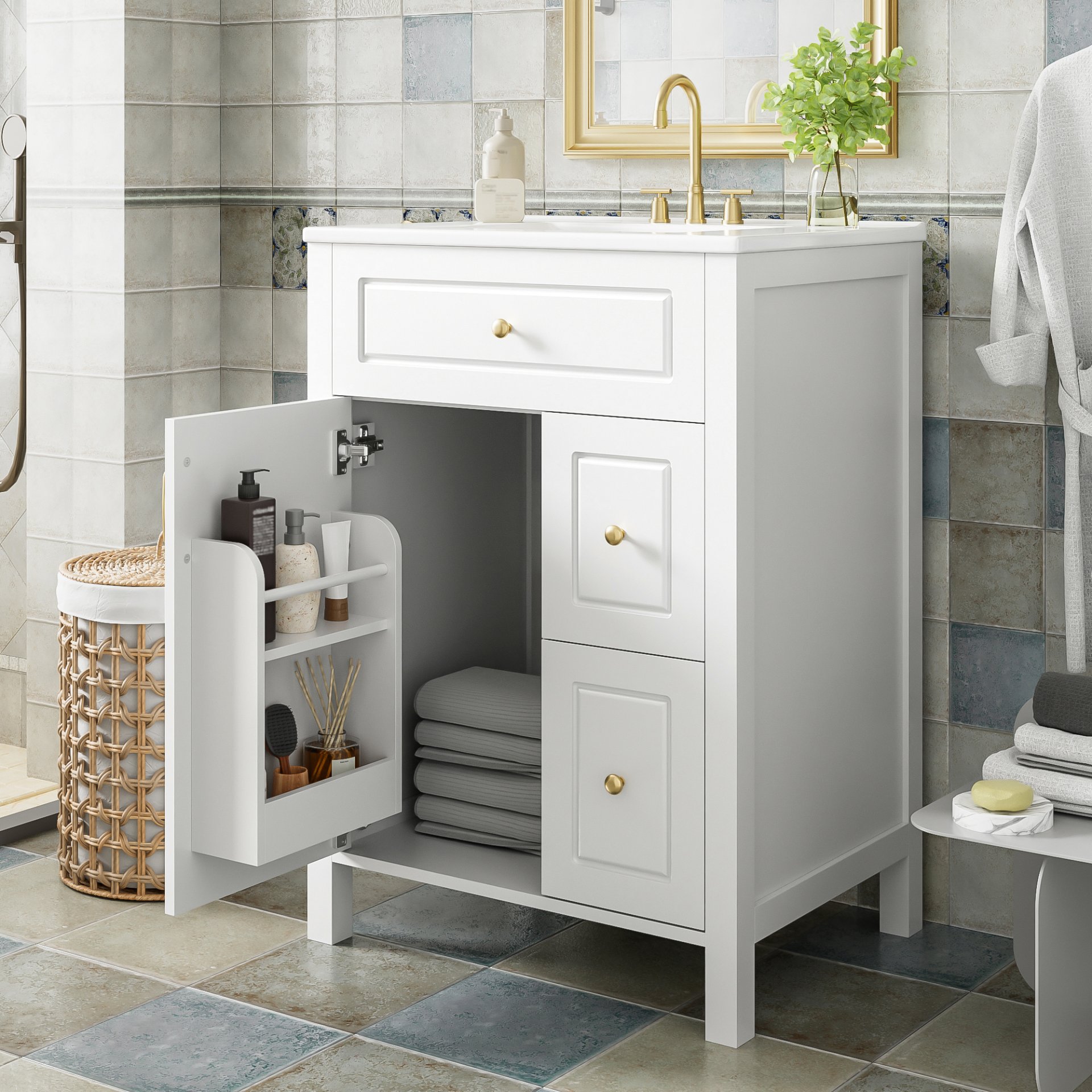 Bathroom Vanity With Sink, Soft Close Doors And Drawers, Double Storage Racks - White - Image 7