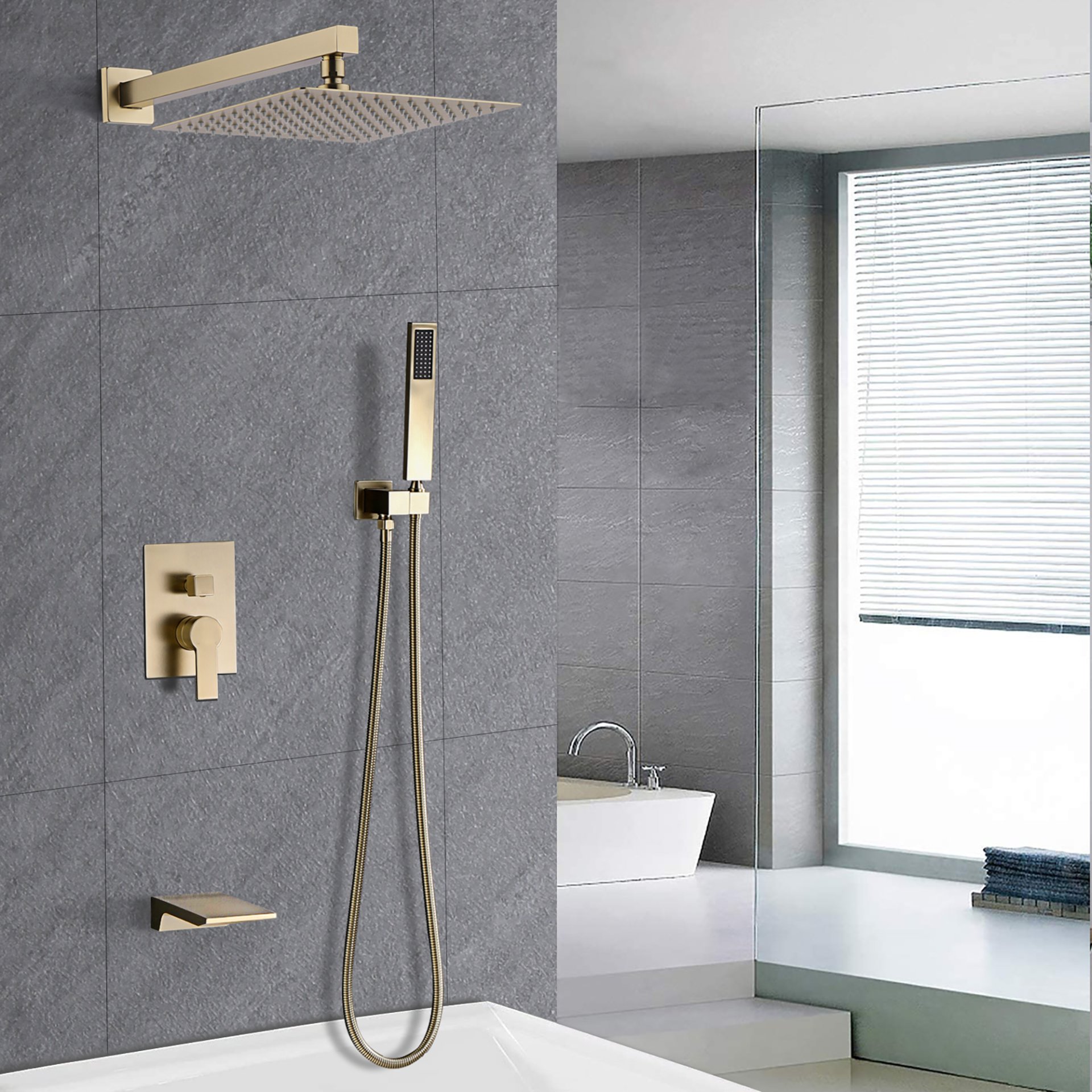 Luxury Bathroom Shower System With 12" Rain Shower Head Handheld Mixer - Brushed Gold - Image 2