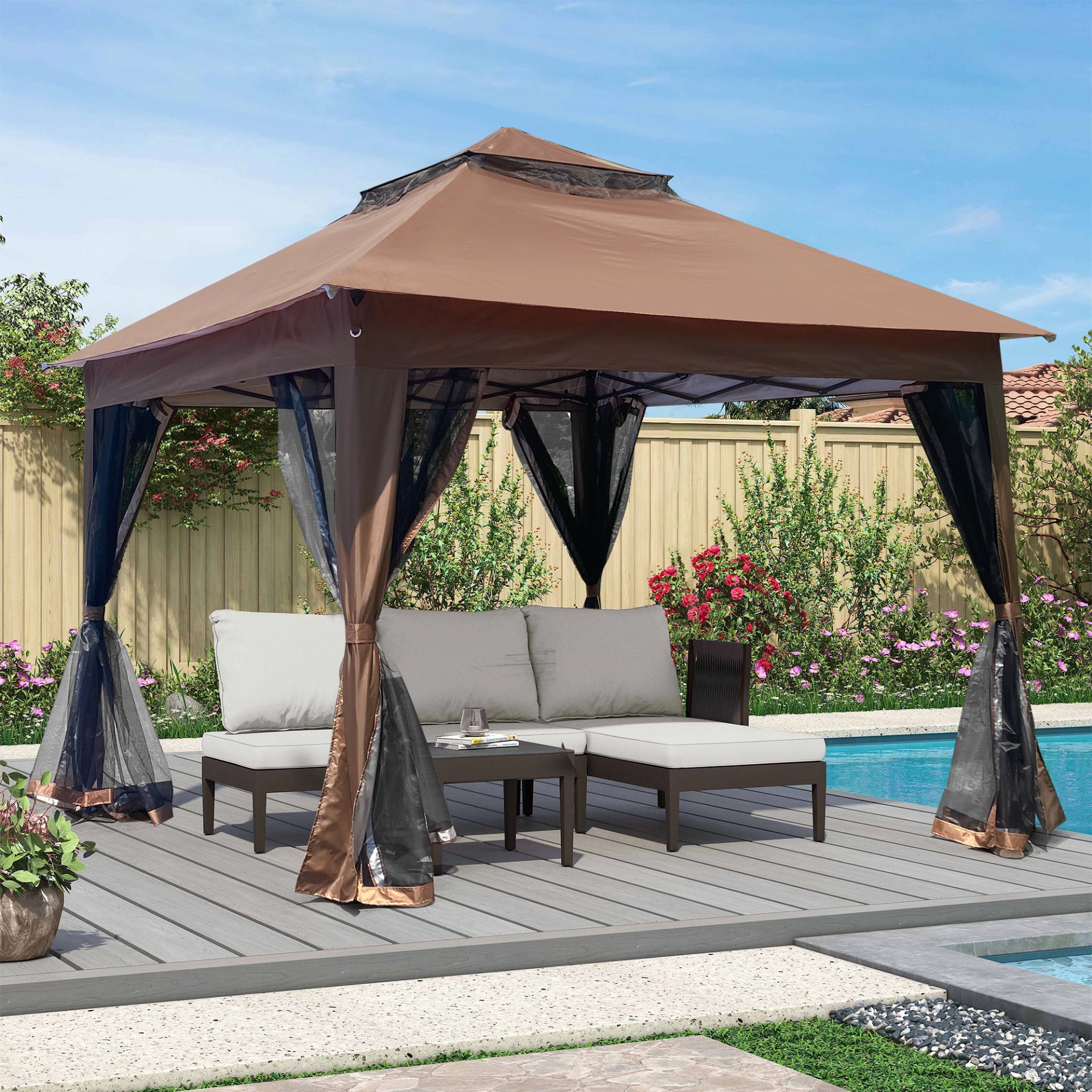 Outdoor 11X 11Ft Pop Up Gazebo Canopy With Removable Zipper Netting, 2 Tier Soft Top Event Tent, Suitable For Patio Backyard Garden Camping Area With 4 Sandbags - Brown - Image 2