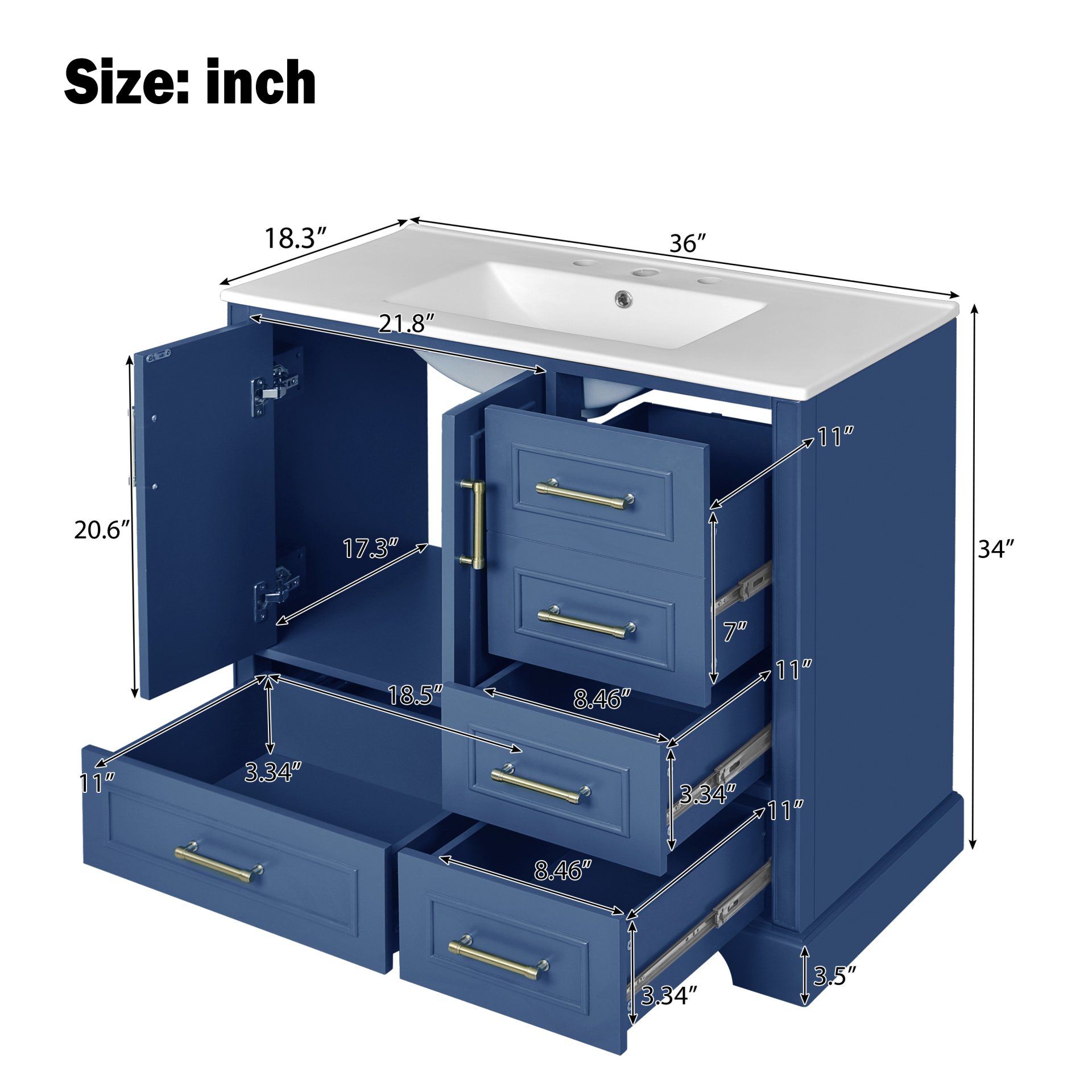 Traditional 36" Bathroom Vanity With Sink, Cabinet With Soft Close Doors And Drawers - Blue - Image 3