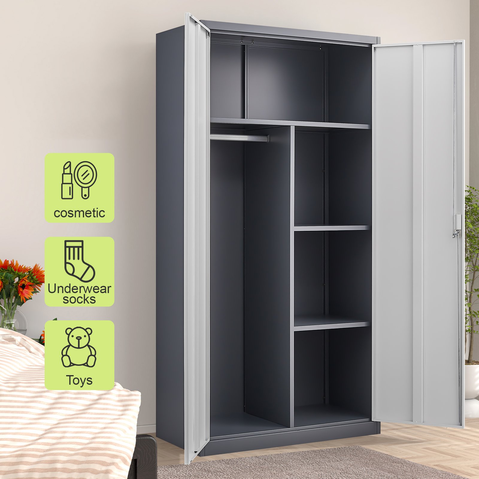 Large Capacity Wardrobe With Hanging Rod And Compartments - Grey - Image 2