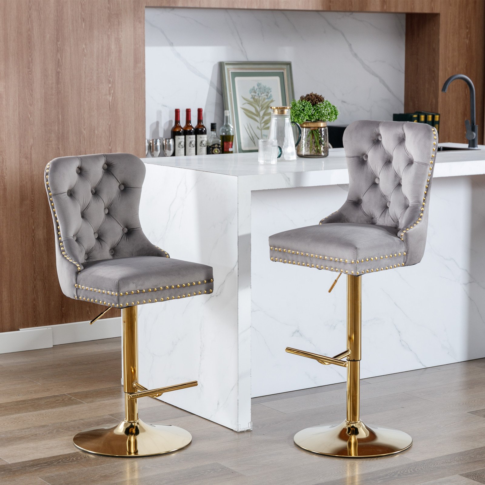 Thick Golden Swivel Velvet Barstools Adjusatble Seat Height From 25-33", Modern Upholstered Bar Stools With Backs Comfortable Tufted For Home Pub And Kitchen Island (Set of 2) - Gray - Image 16