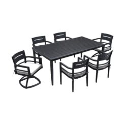 7 Piece Modern Outdoor Patio Dining Set Furniture, 4 Dining Chairs & 2 Swivel Rockers Sunbrella Fabric And Rectangle Dining Table With Umbrella Hole - Ember Black