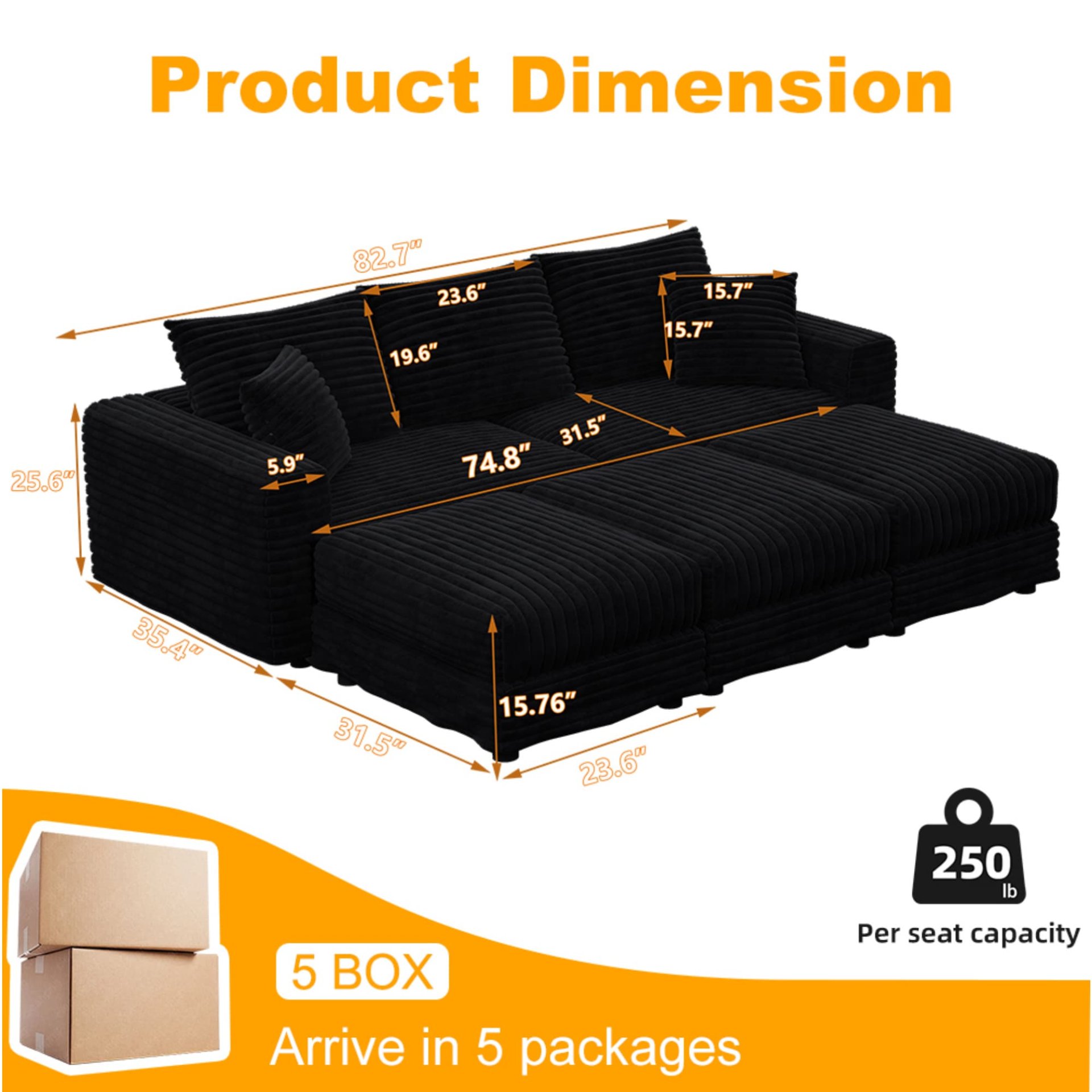 3 Seat Sofa, Deep Seat Couches With Soft Pillows And 3 Ottomans, Convertible Sofa Lounge Chair, For Living Room - Black - Image 10