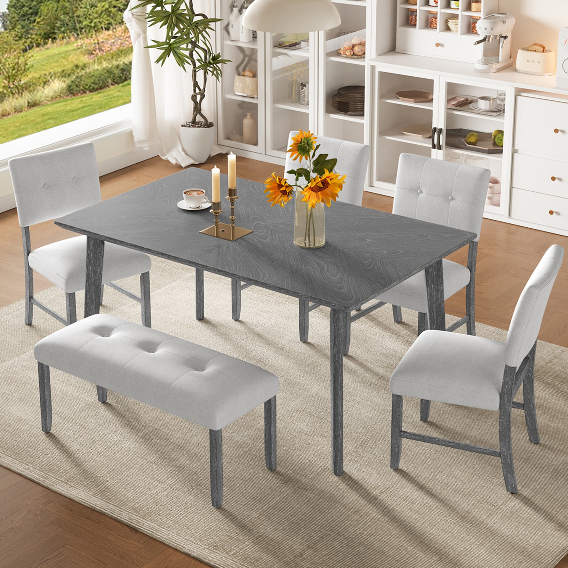 6 Pieces Dining Room Table Set, Rustic Farmhouse Dining Room Rectangular Table With 4 Upholstered Chairs And Bench, Solid Wood Kitchen Dining Table Set For 6 Persons - Gray - Image 4