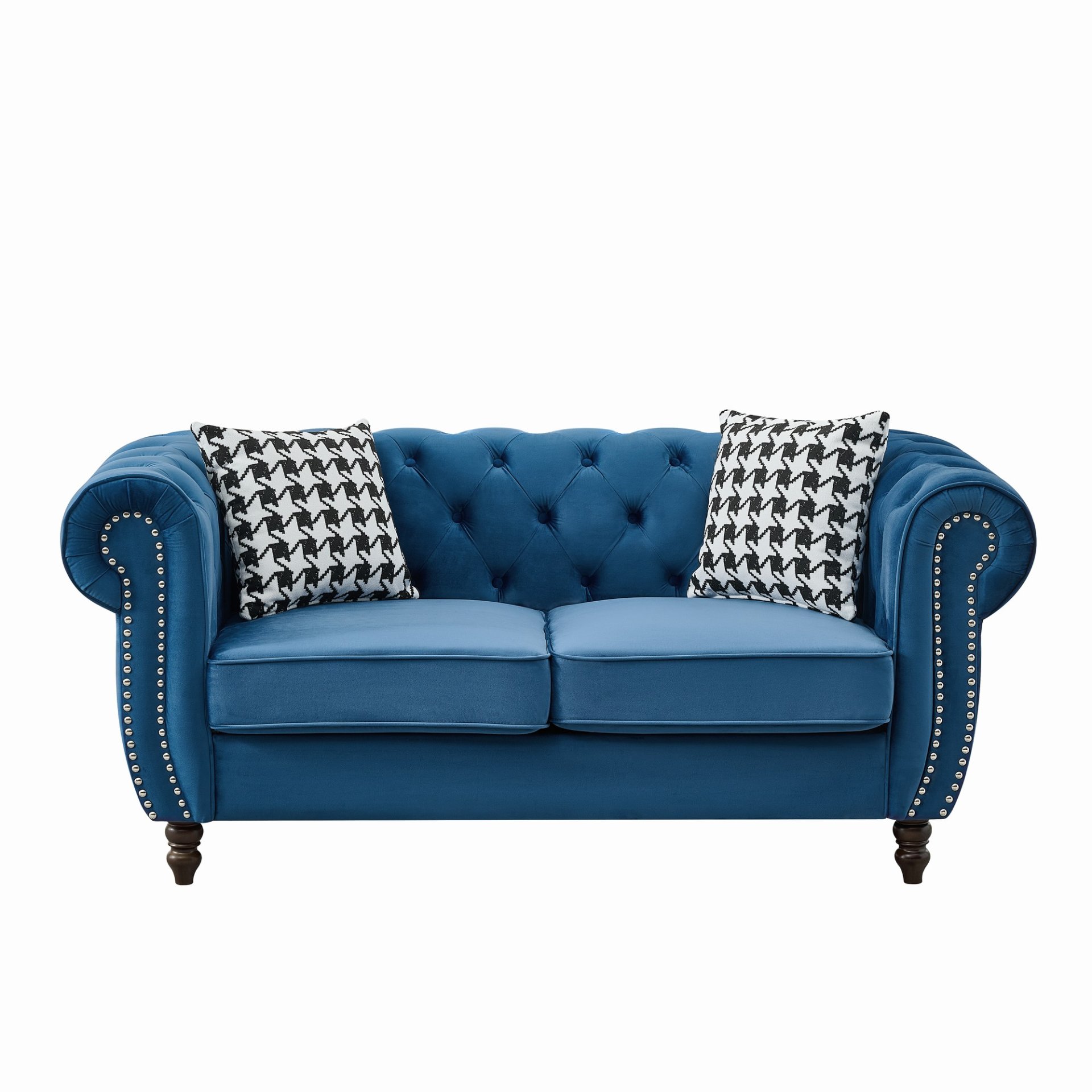 Chesterfield Sofa With Roll Armrest & Nailhead, 3 And 2 Seater - Blue - Image 12
