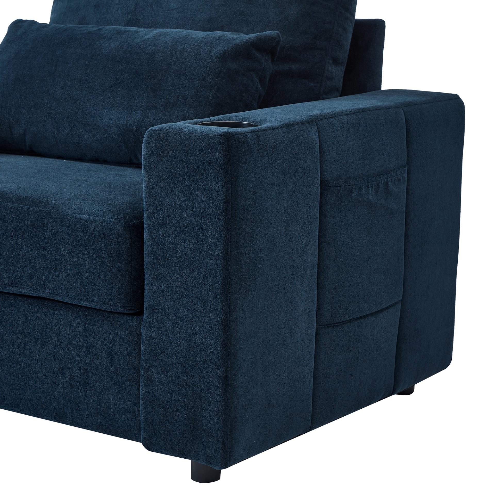 Modern Style Armchair Chaise Lounge Sofa Couch With Movable Storage Ottoman, USB Ports, Cup Holders, Phone Holder, Side Pockets - Blue - Image 23