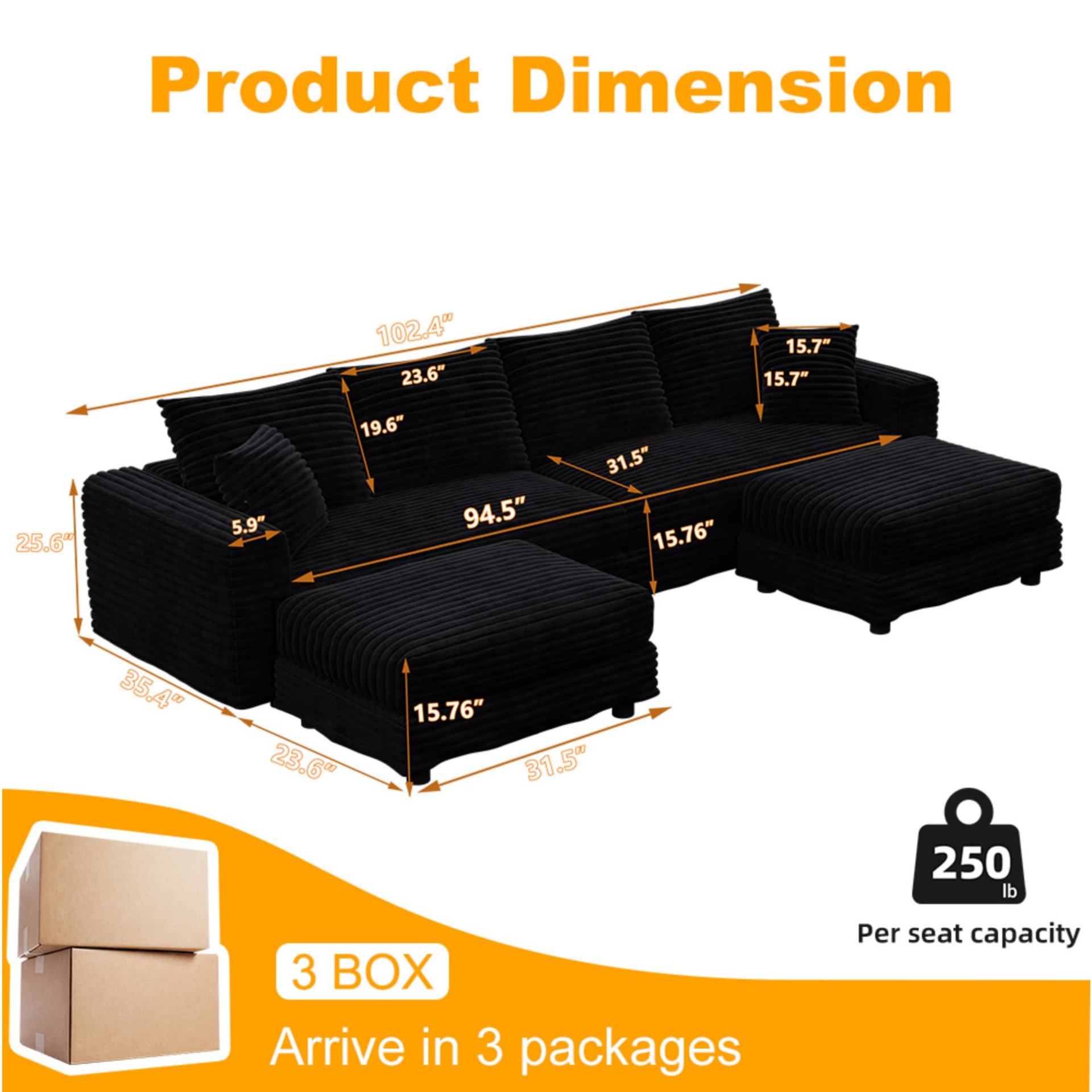 4 Seat Sofa, Deep Seat Couches With Soft Pillows And 2 Ottomans, Convertible Sofa Lounge Chair, For Living Room - Black - Image 9