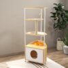 Corner Cat Tower, Cat Tree With Scratching Post, Cat Condo With Feeding Station And Climbing Platforms, Pet Furniture For Indoor Cats - White / Light Oak - Image 11