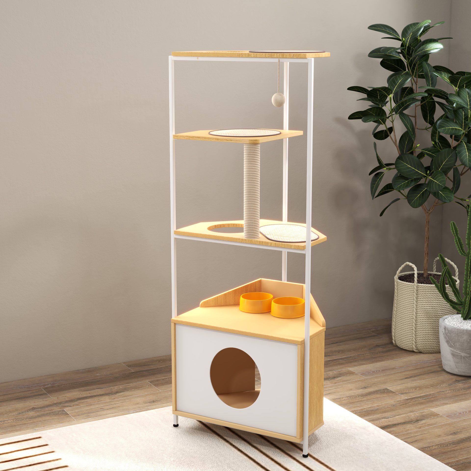 Corner Cat Tower, Cat Tree With Scratching Post, Cat Condo With Feeding Station And Climbing Platforms, Pet Furniture For Indoor Cats - White / Light Oak - Image 11