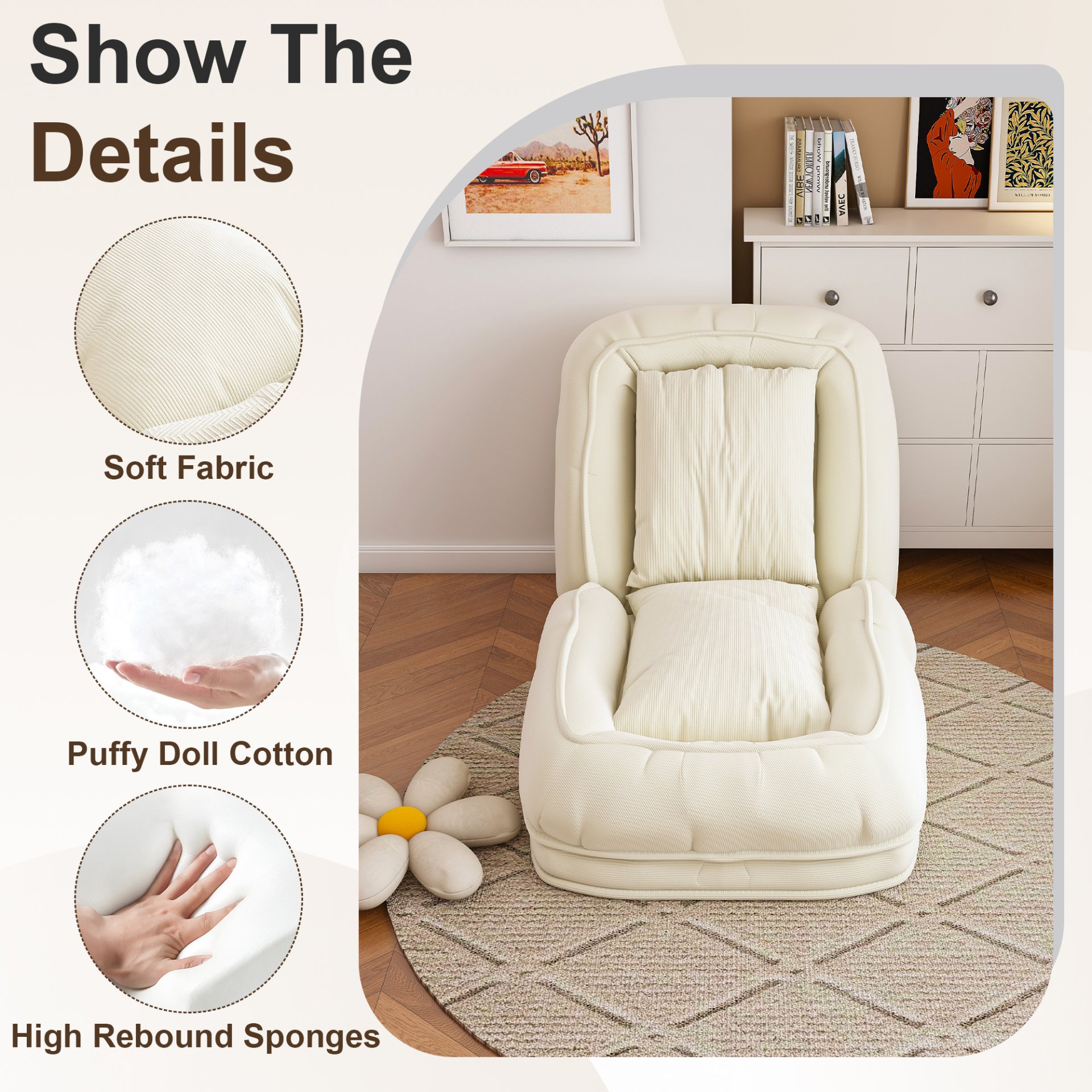 Human Dog Bed, Foldable Lazy Sofa Bed With 5 Adjustable Positions - Off White - Image 9