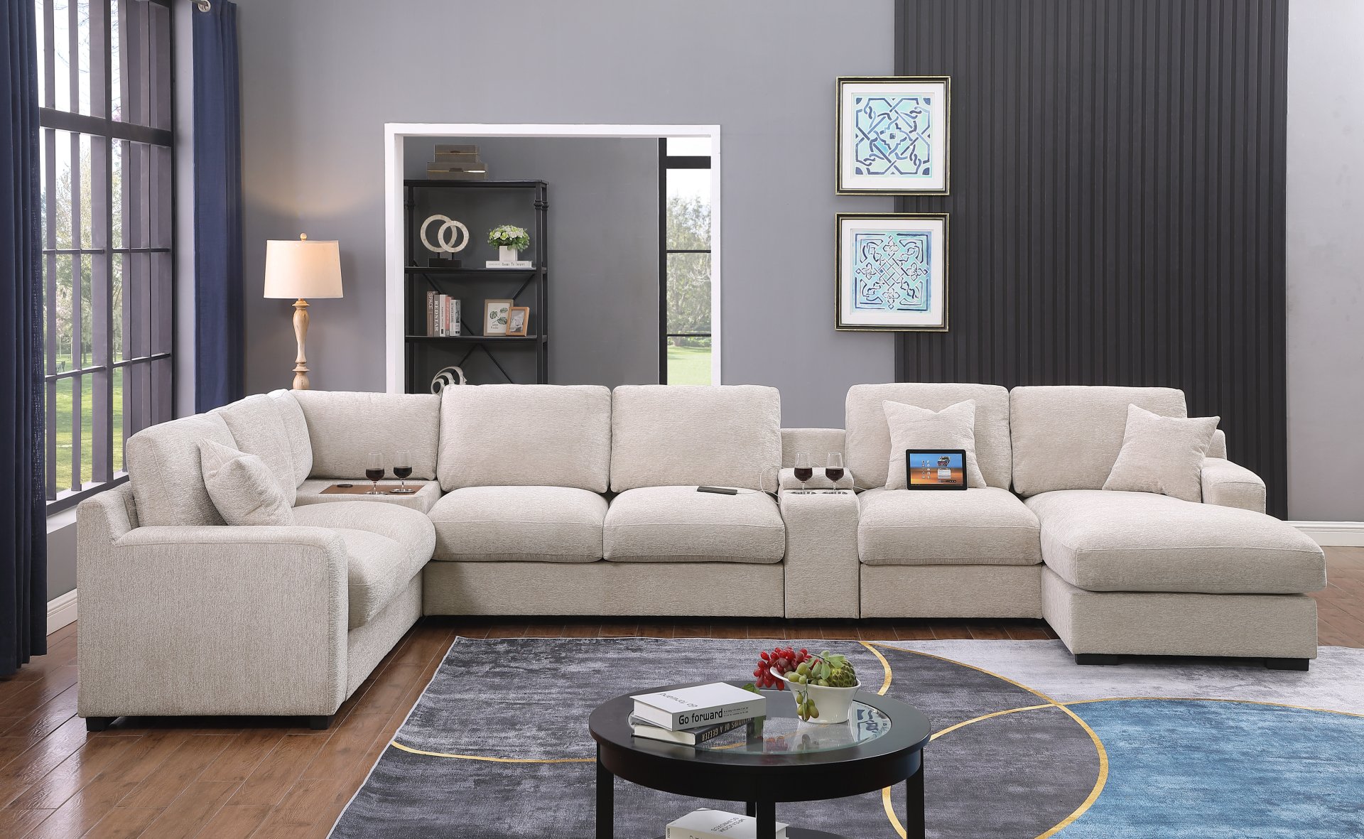 Celine - Chenille Fabric Corner Sectional Sofa With Right Facing Chaise, Cupholders, And Charging Ports - Beige - Image 8