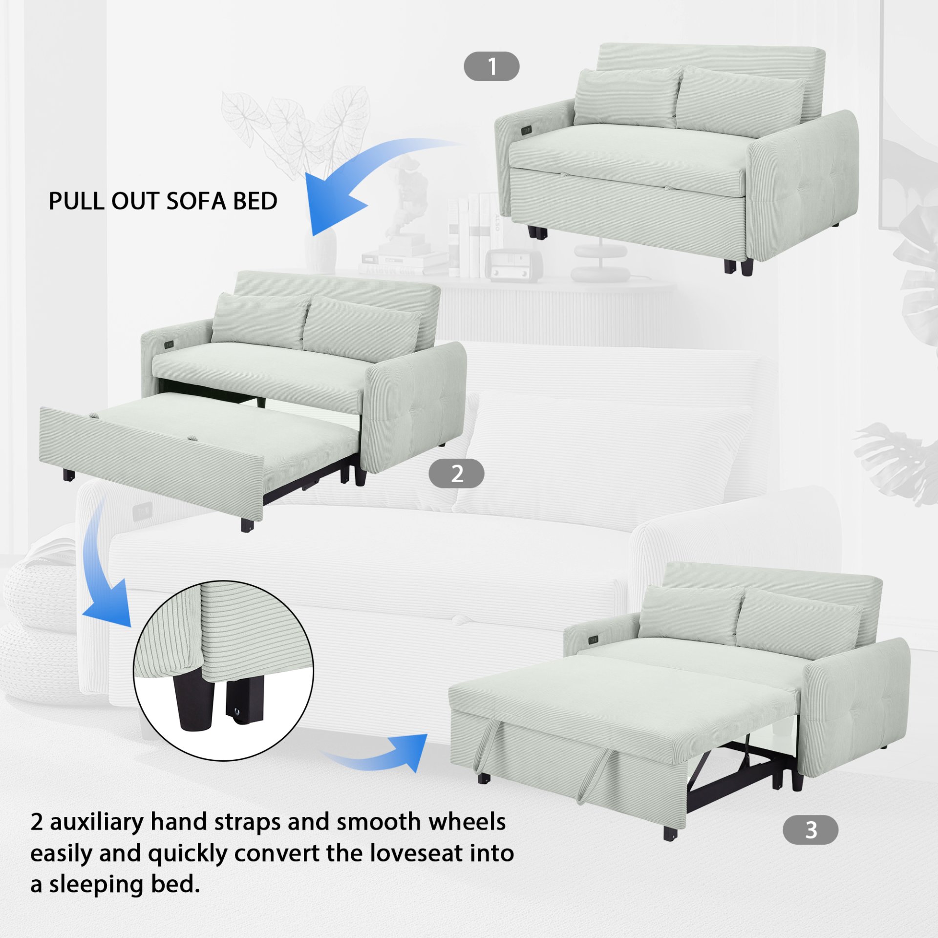 Pull Out Sofa Bed Convertible Couch 2 Seat Loveseat Sofa Modern Sleeper Sofa With 2 Throw Pillows And USB Ports For Living Room - Light Gray Green - Image 6