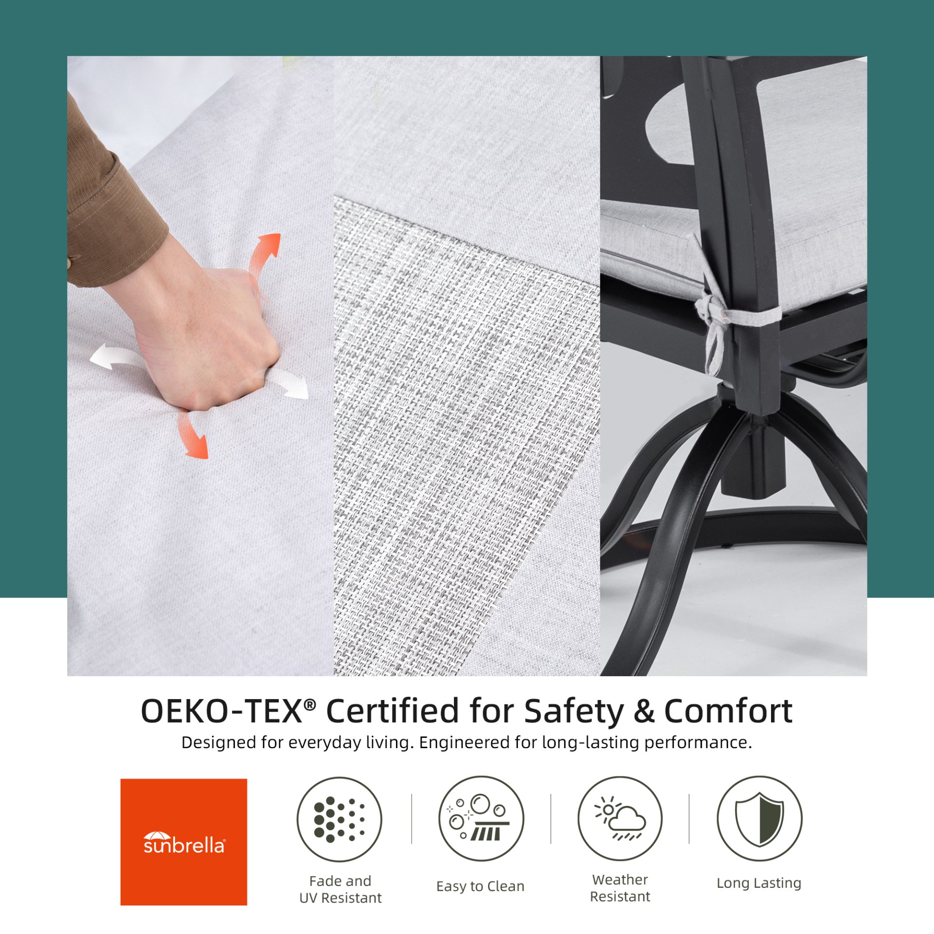 5 Pieces Outdoor Patio Furniture Set, 4 Swivel Rockers Sunbrella Fabric Cushioned, Rectangular Table With Umbrella Hole - Bourbon Brown - Image 2