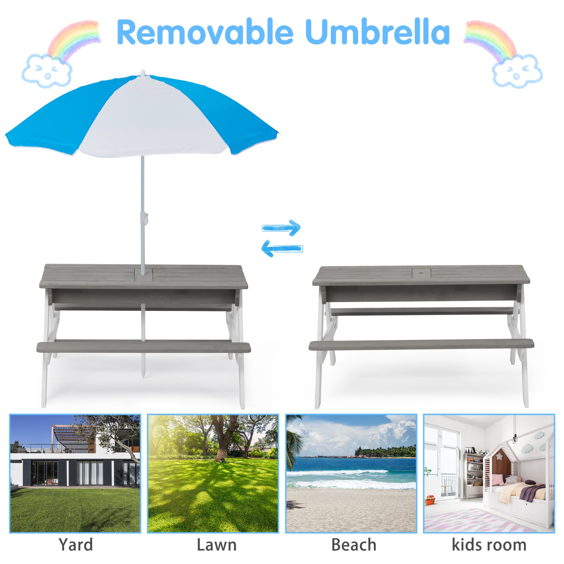 3-In-1 Kids Outdoor Wooden Picnic Table With Umbrella, Convertible Sand & Water, ASTM & CPSIA Certification - Gray - Image 5