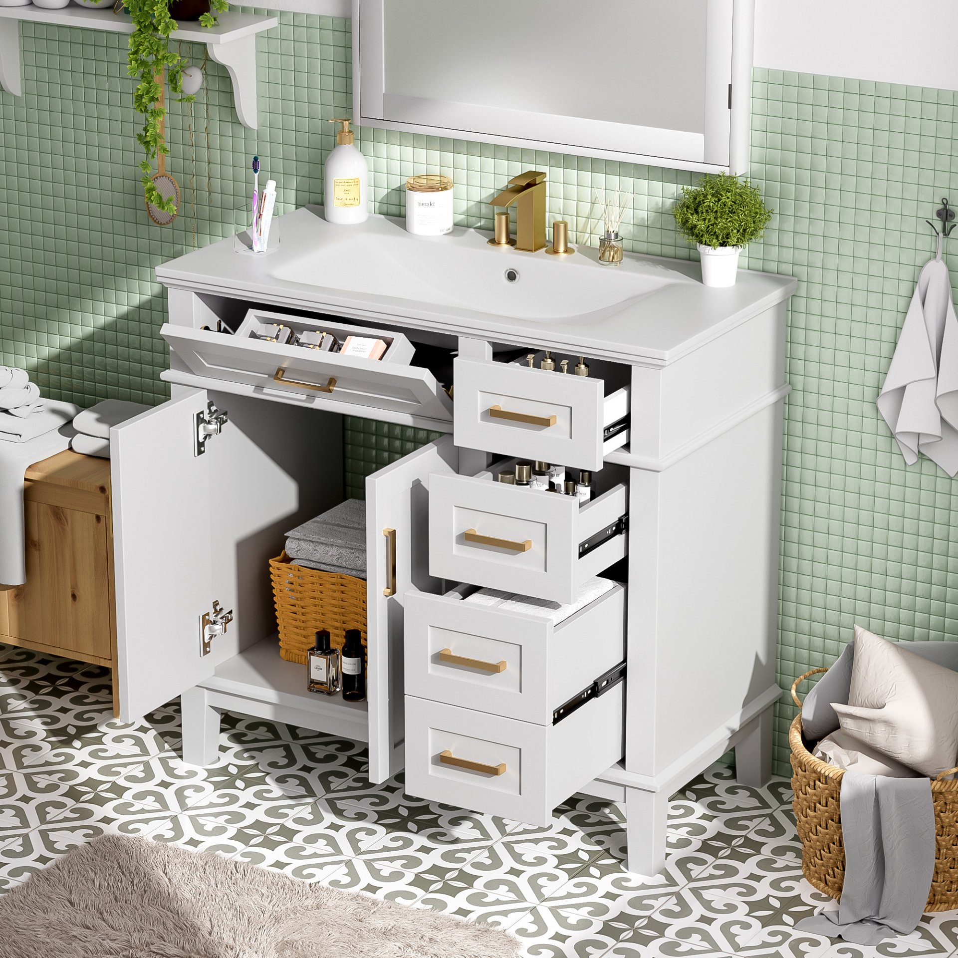 Bathroom Vanity With Sink, Soft Close Doors, And Storage Drawers, 36" - White - Image 5
