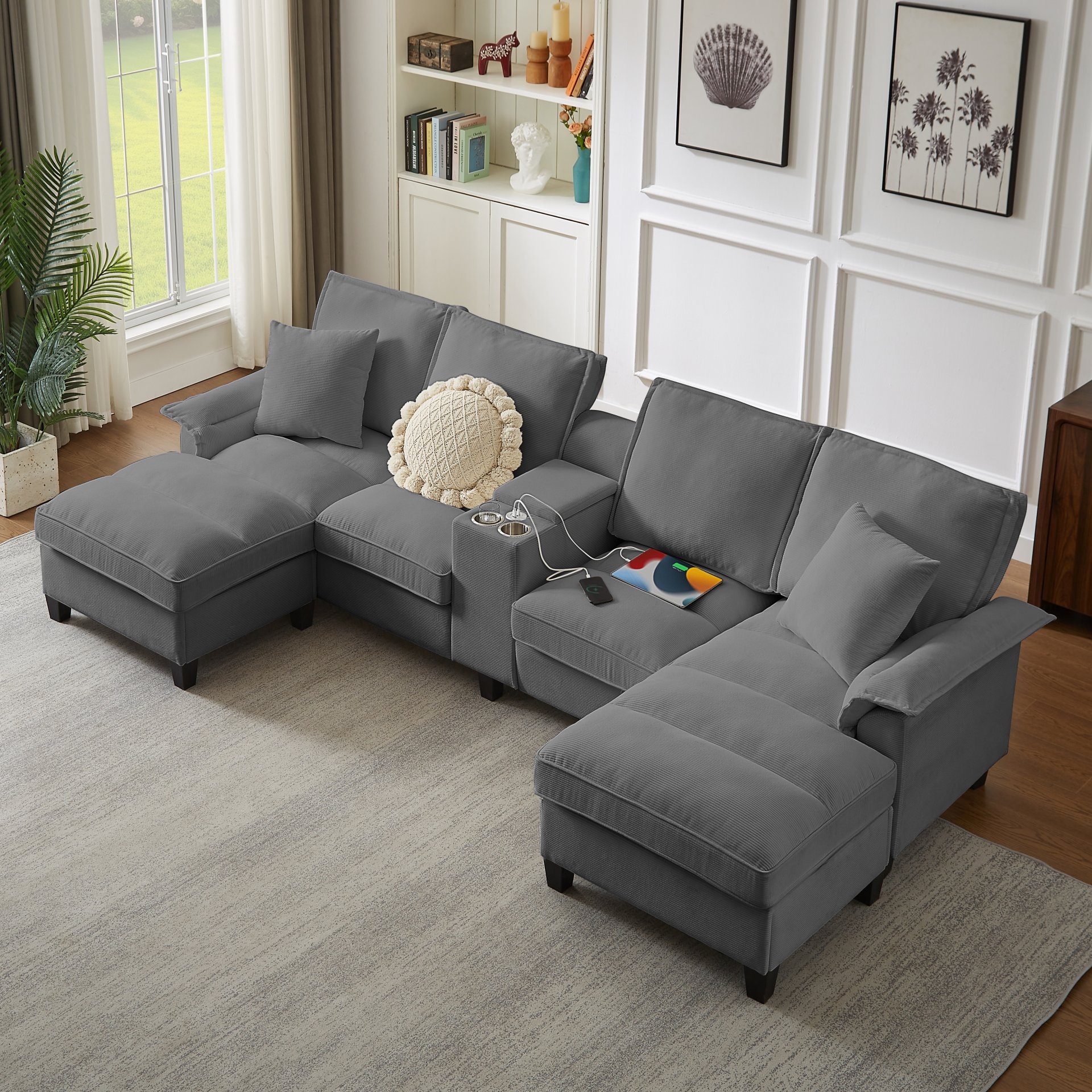 U Shaped Sectional Sofa Bed With Storage, 4 Seater, Features Cup Holders And Soft Foam Cushions - Gray - Image 5