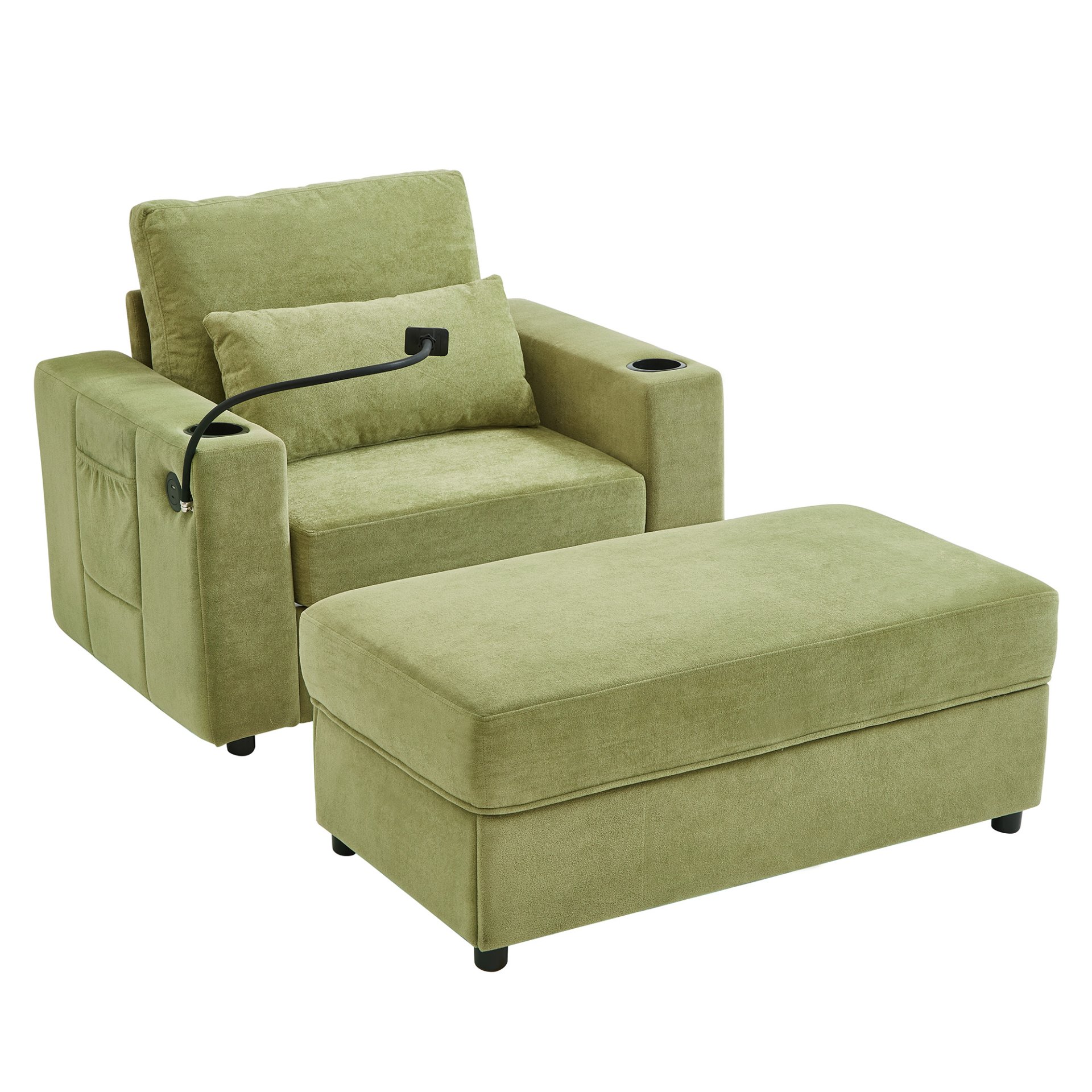 Modern Style Armchair Chaise Lounge Sofa Couch With Movable Storage Ottoman, USB Ports, Cup Holders, Phone Holder, Side Pockets - Green - Image 15