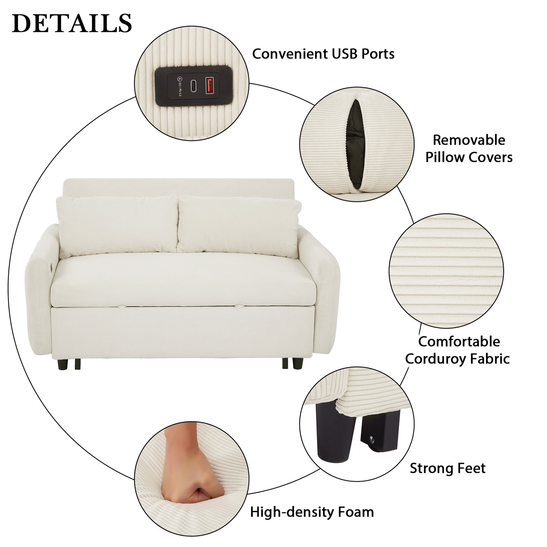 Pull Out Sofa Bed Convertible Couch 2 Seat Loveseat Sofa Modern Sleeper Sofa With 2 Throw Pillows And USB Ports For Living Room - Beige - Image 6