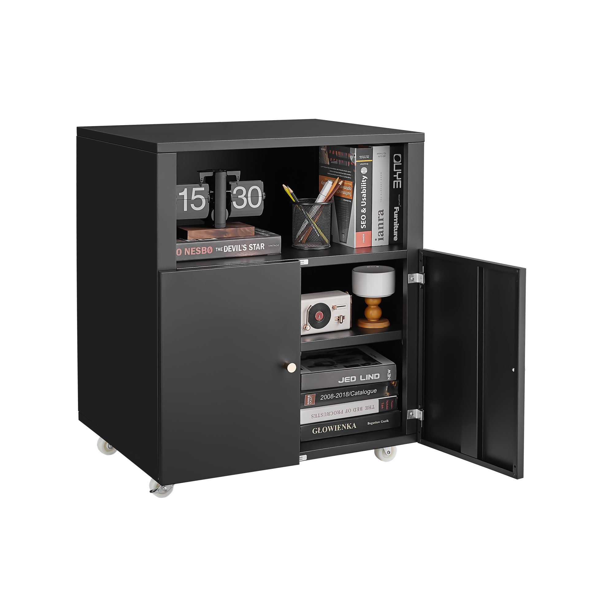 Mobile Printer Stand With Wheels And File Cabinet - Black - Image 8