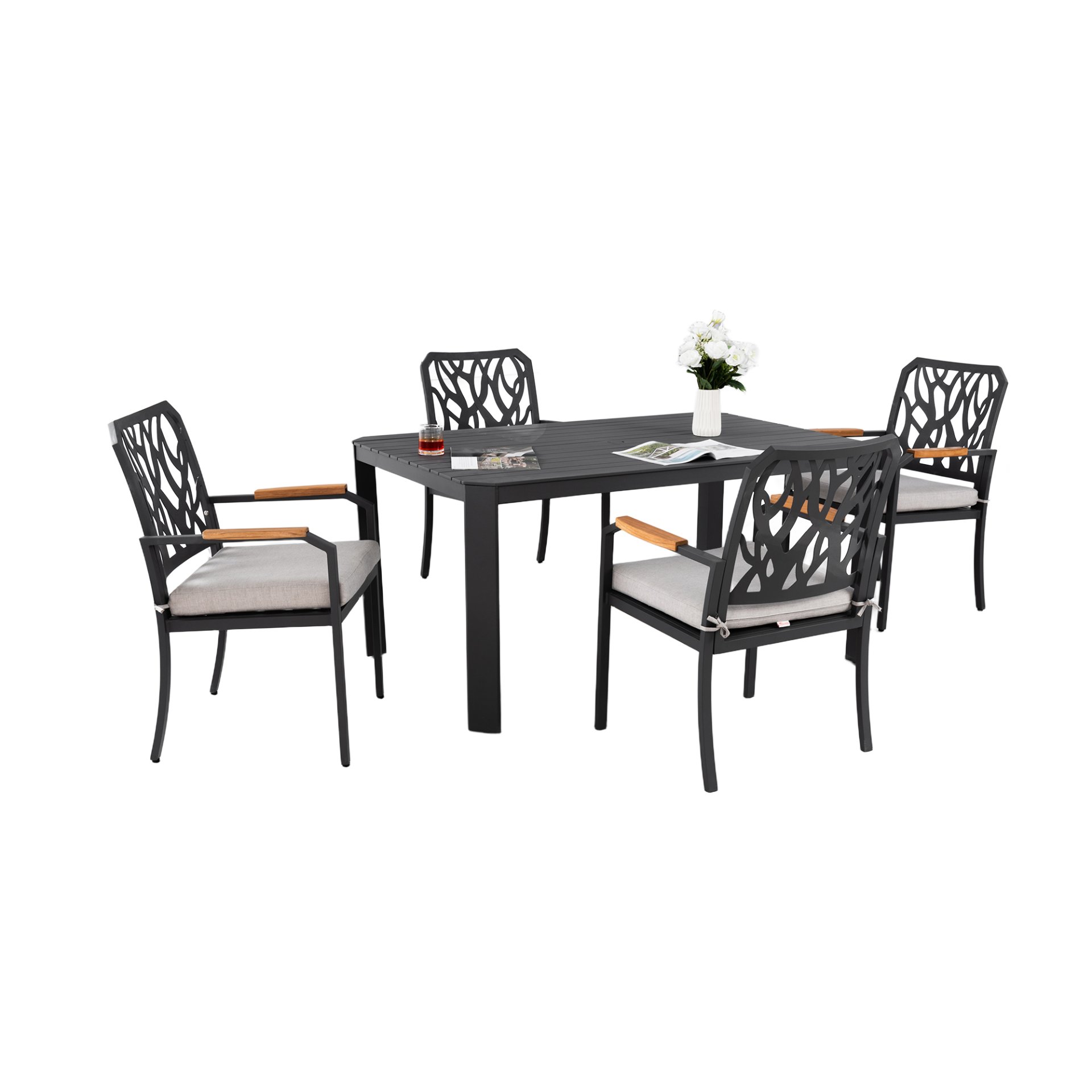 5 Pieces Outdoor Patio Aluminum Furniture Set, Rectangular Table With Umbrella Hole - Bourbon Brown - Image 11