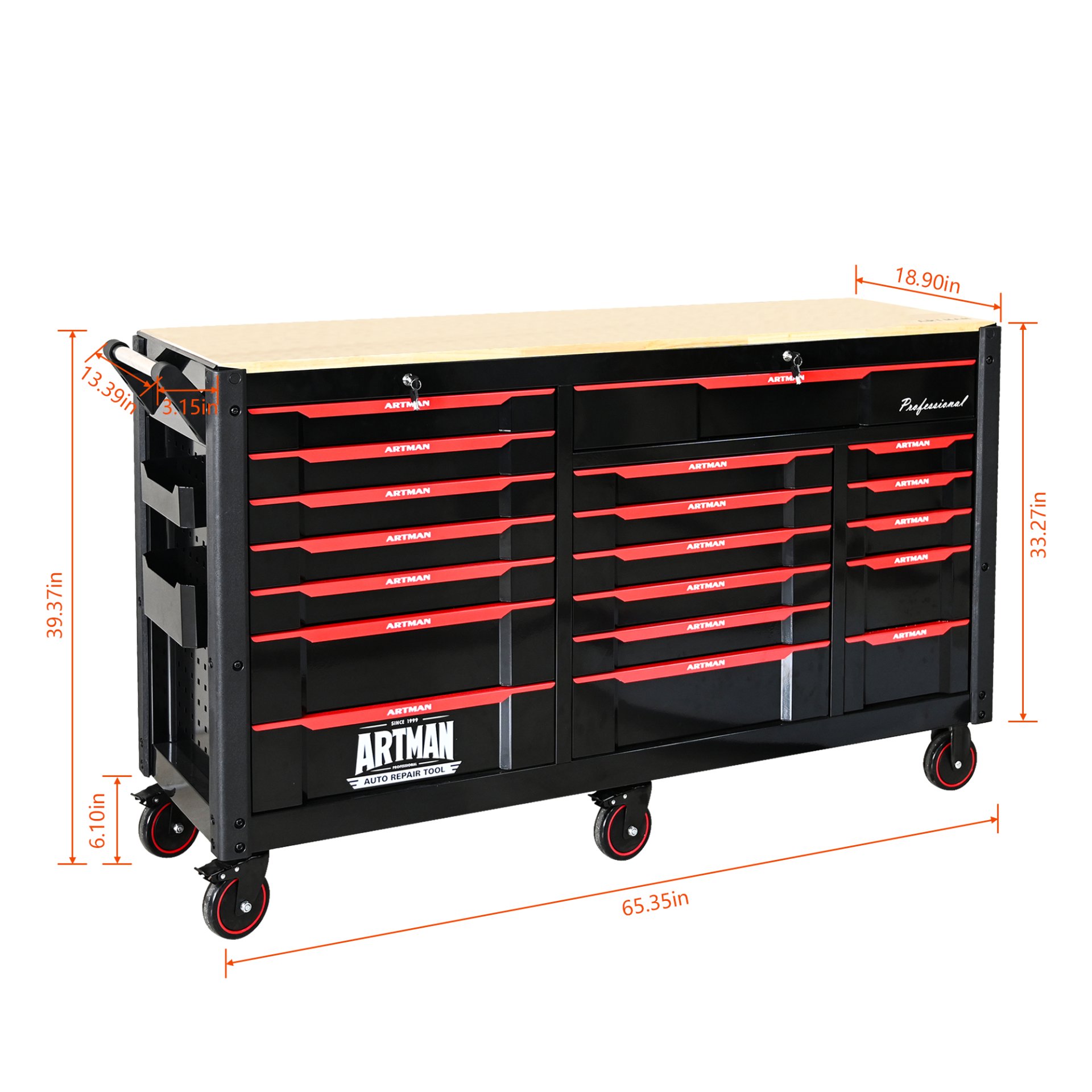 Heavy Duty Tool Cart With 19 Drawers, Tools Not Included, Mobile Storage For Workshop Or Laboratory - Black / Red - Image 3