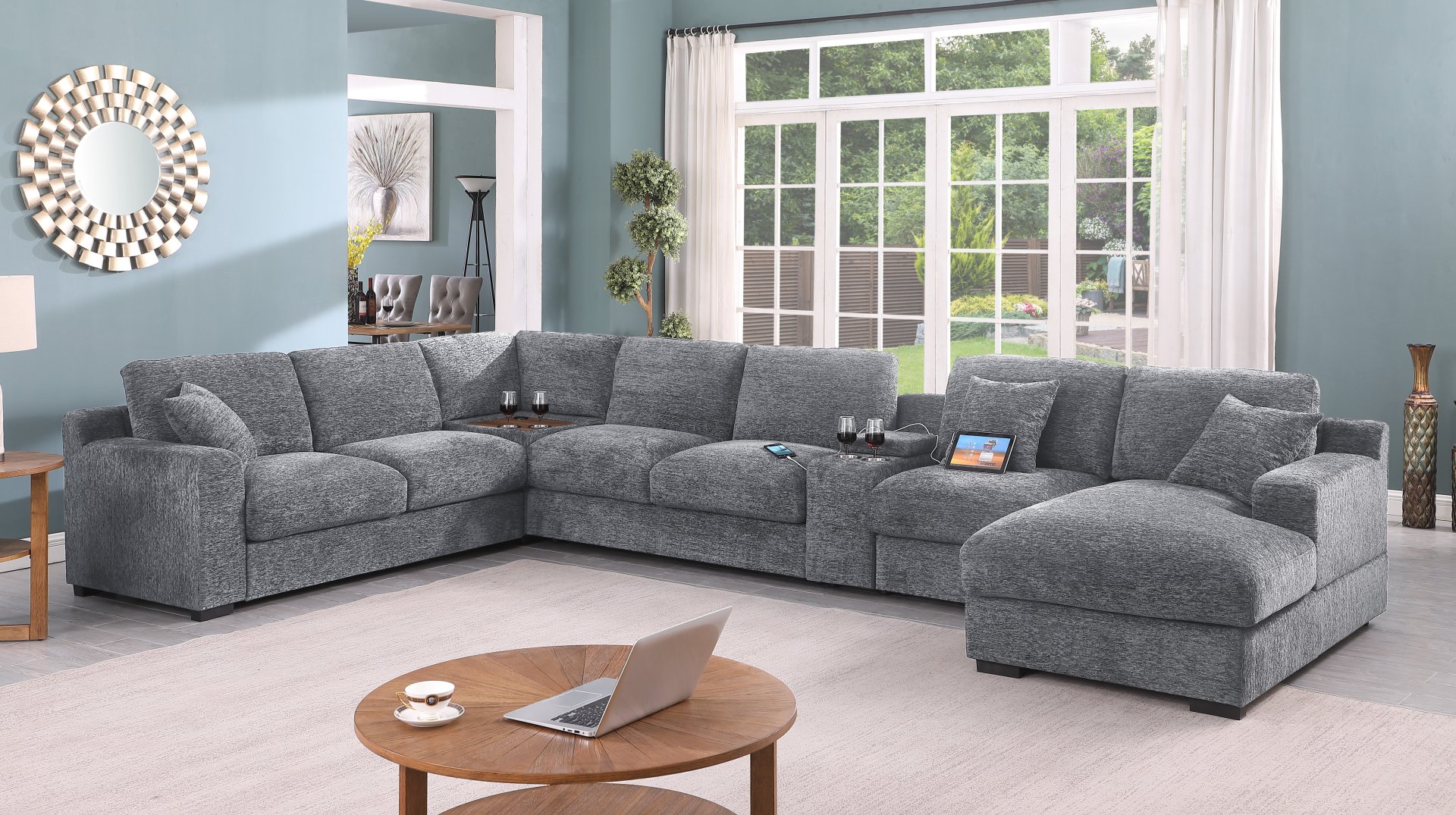 Celine - Chenille Fabric Corner Sectional Sofa With Right Facing Chaise, Cupholders, And Charging Ports - Light Gray - Image 7