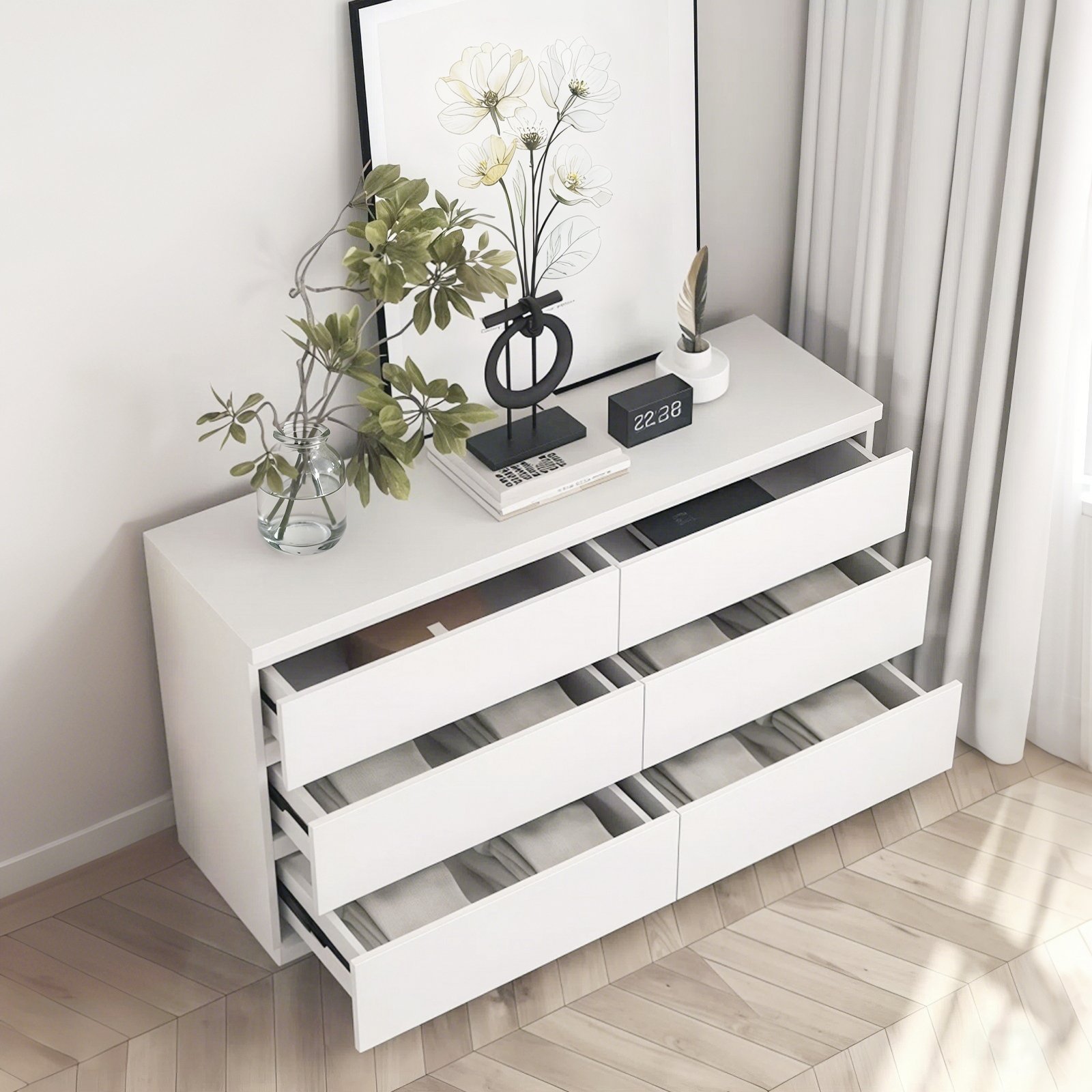 Modern 6 Drawer Dresser With Spacious Countertop And Concealed Handles, Storage Cabinet For Bedroom And Living Room - White - Image 11