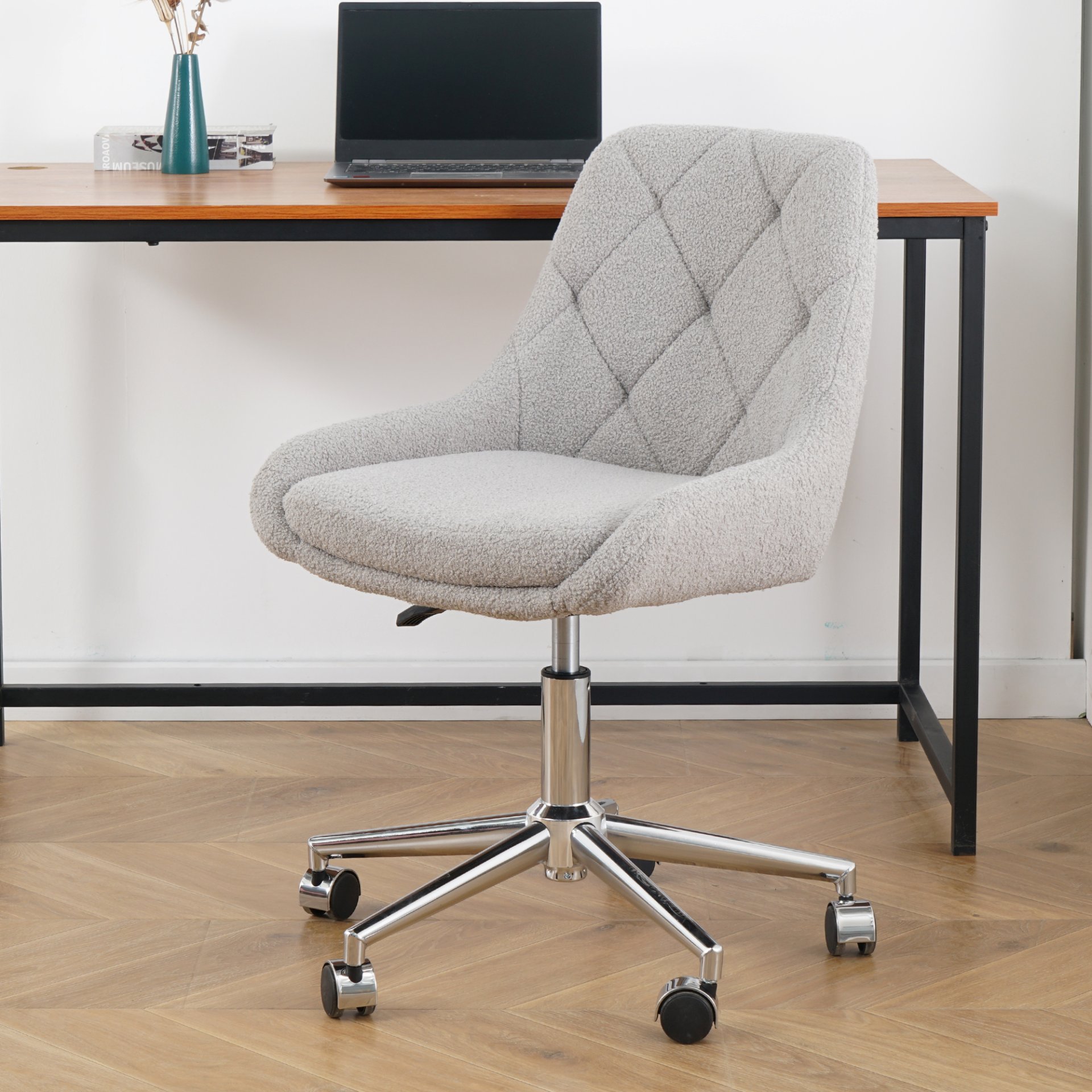 Modern Teddy Fleece Fabric Dining Chair With Chrome Legs, Soft And Comfortable - Gray - Image 4